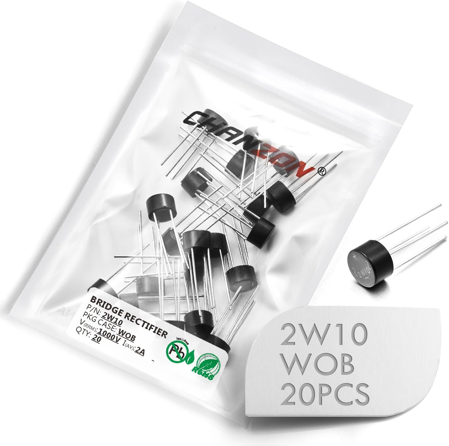 CHANZON (Pack of 20 Pieces) 2W10 Bridge Rectifier Diode 2A 1000V WOB Single Phase, Full Wave 2 Amp 1000 Volt Electronic Silicon Diodes