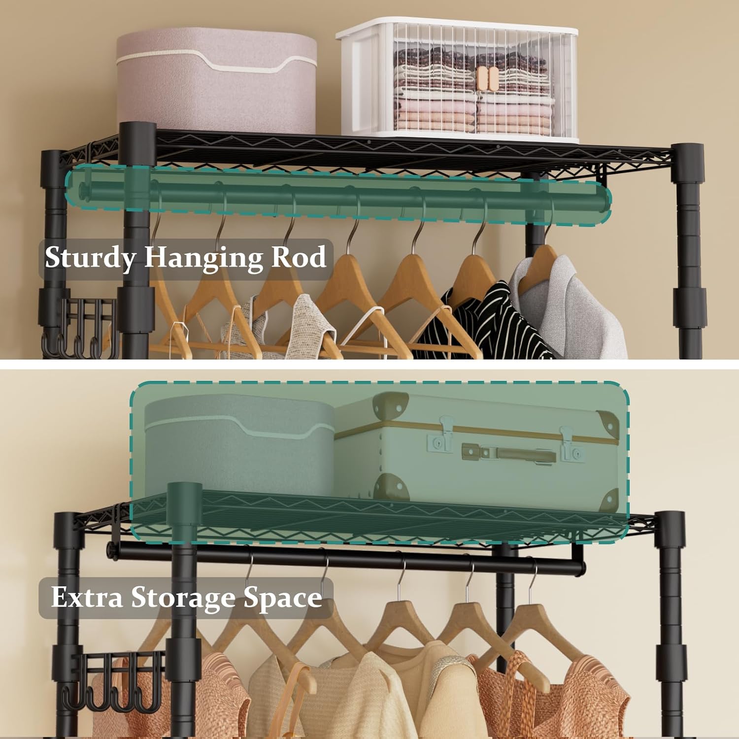 Heavy Duty Rolling Garment Rack, 3 Tiers Wire Shelves Adjustable Freestanding Portable Rolling Clothing Rack with Lockable Wheels, 29.5''L x 15.8''W x 78.8''H, Max Load 400 LBS