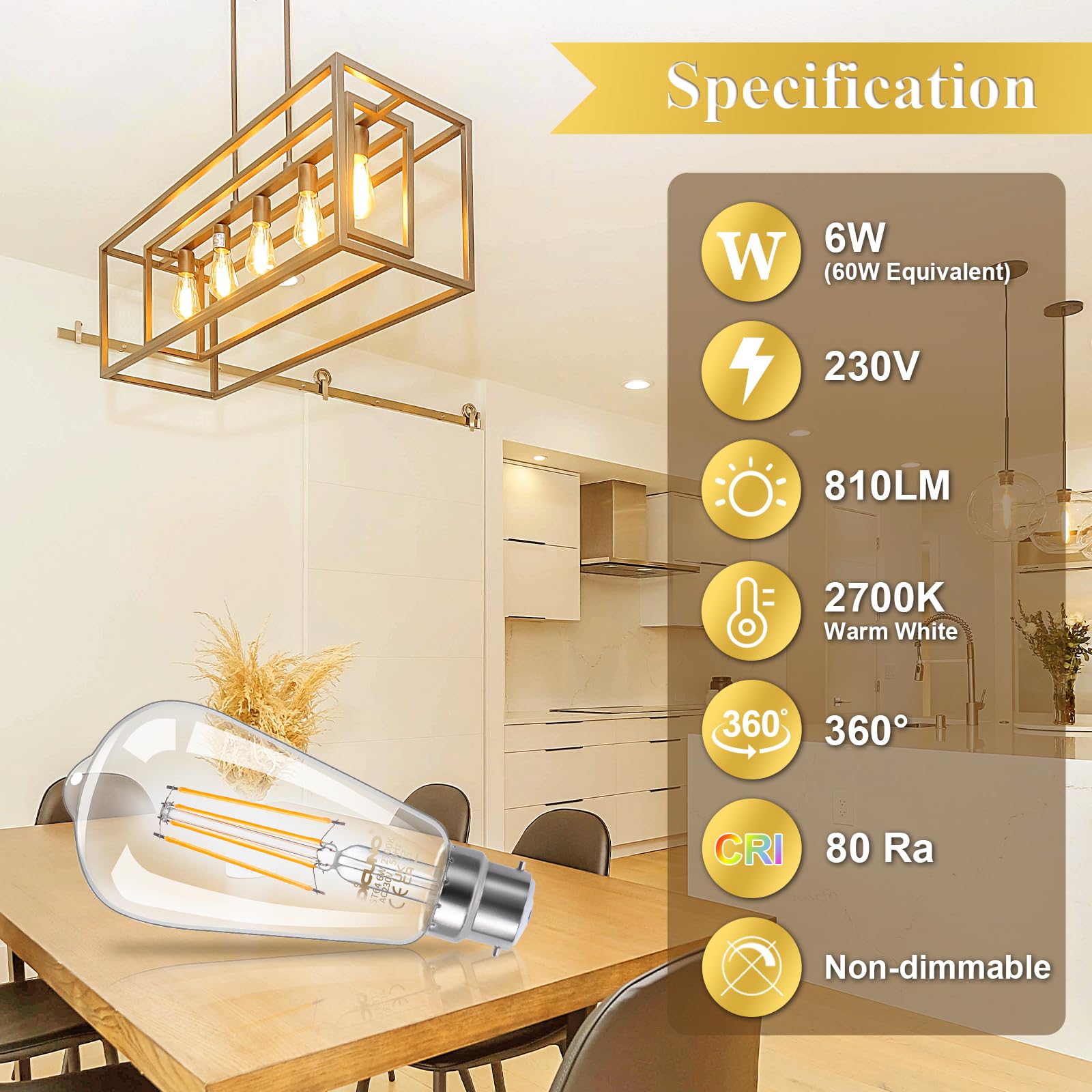 DiCUNO Vintage Edison Light Bulb B22 Bayonet Light ST64, 6W Equivalent to 60W, Filament Clear LED Bulb, Warm White 2700K - Image 2