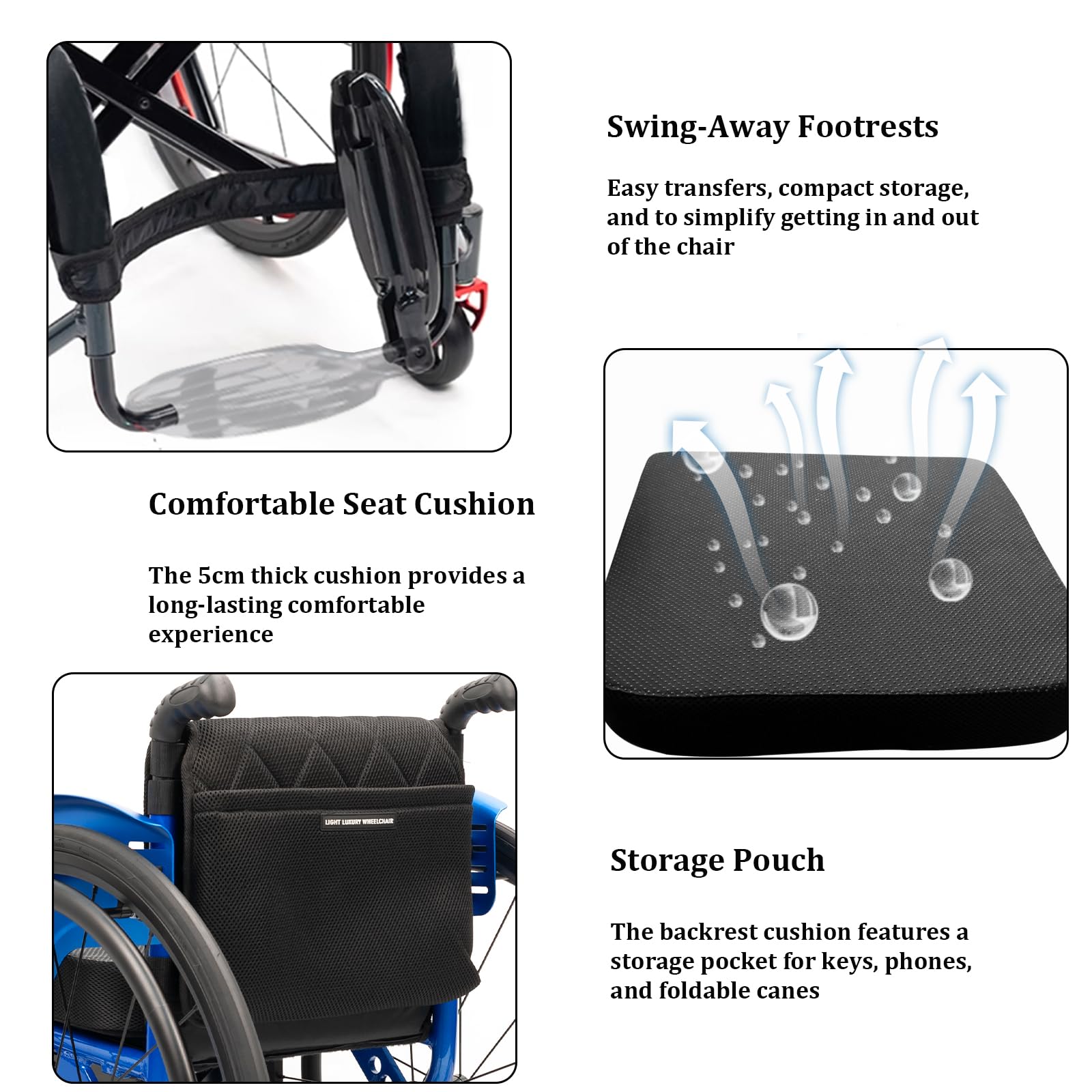 Carrozzina Pieghevole in Alluminio,Sedia a Rotelle Leggera,Manuale, Poggiapiedi Pieghevole,Cintura di Sicurezza, per disabil(38cm/14.9in Seat,Blue)