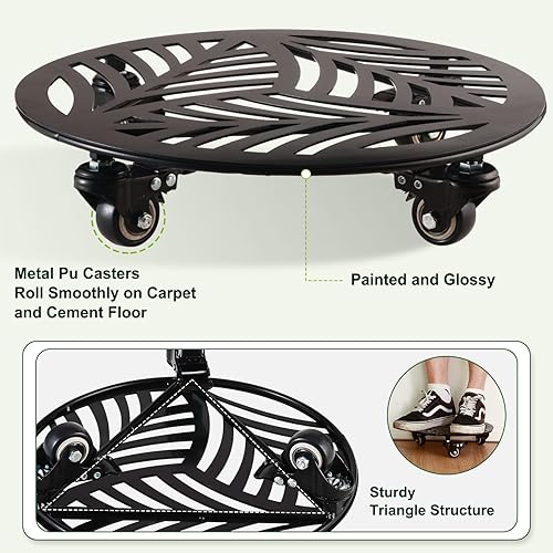 Miniatura 5 de 2 paquetes de metal para plantas con ruedas de 13 pulgadas, soportes rodantes de hierro forjado de alta resistencia con ruedas para interiores y