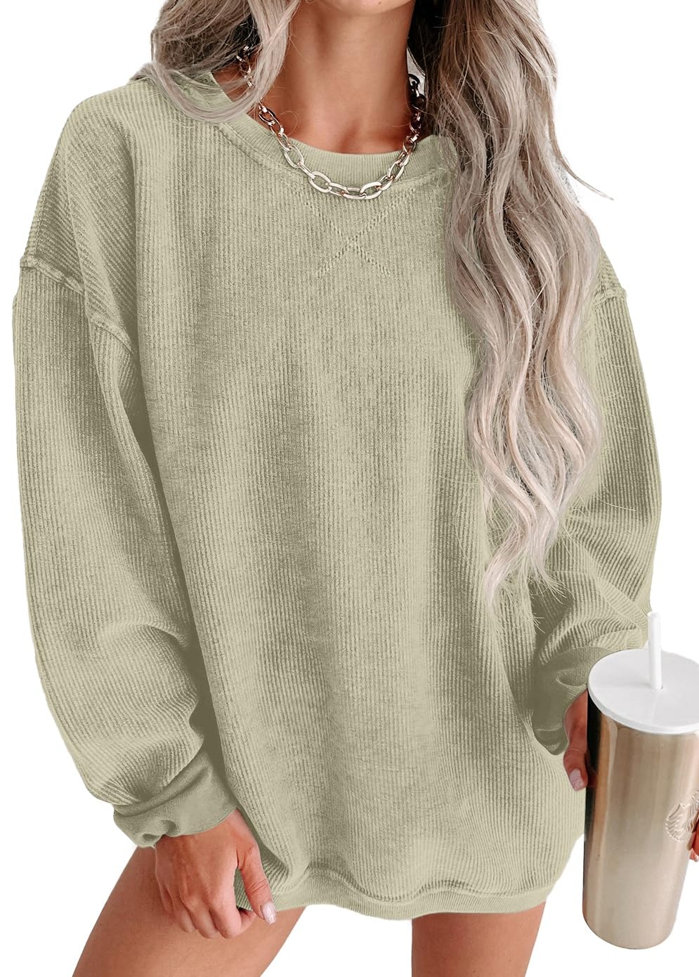IWOLLENCE Womens Sweatshirts Casual Cored Corduroy Pullover Tops Oversized Long Sleeve Crewneck Shirts