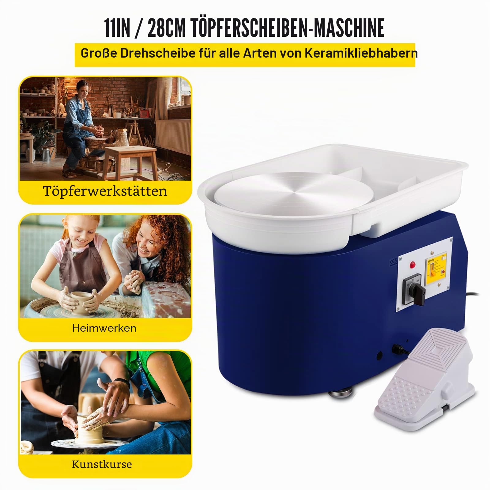 VEVOR Töpferscheibe 350 W, Keramik Rad Maschine 220 V, Elektrische Töpferscheibe 28 cm Plattenteller, Fußpedaleinstellung, 60 dB, Drehscheibe Töpferei Kunstwerk DIY Basteln 300 U/min, Blau, 13,3 kg