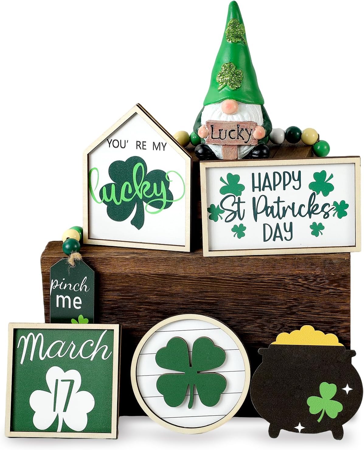 St. Patrick’s Day Decorations | 7PCS St. Patrick’s Day Tiered Tray Decor | Luck Shamrock Wooden Signs Irish Decor | Green Gnomes Decorations for Home Table Shelf Party | Irish Gifts