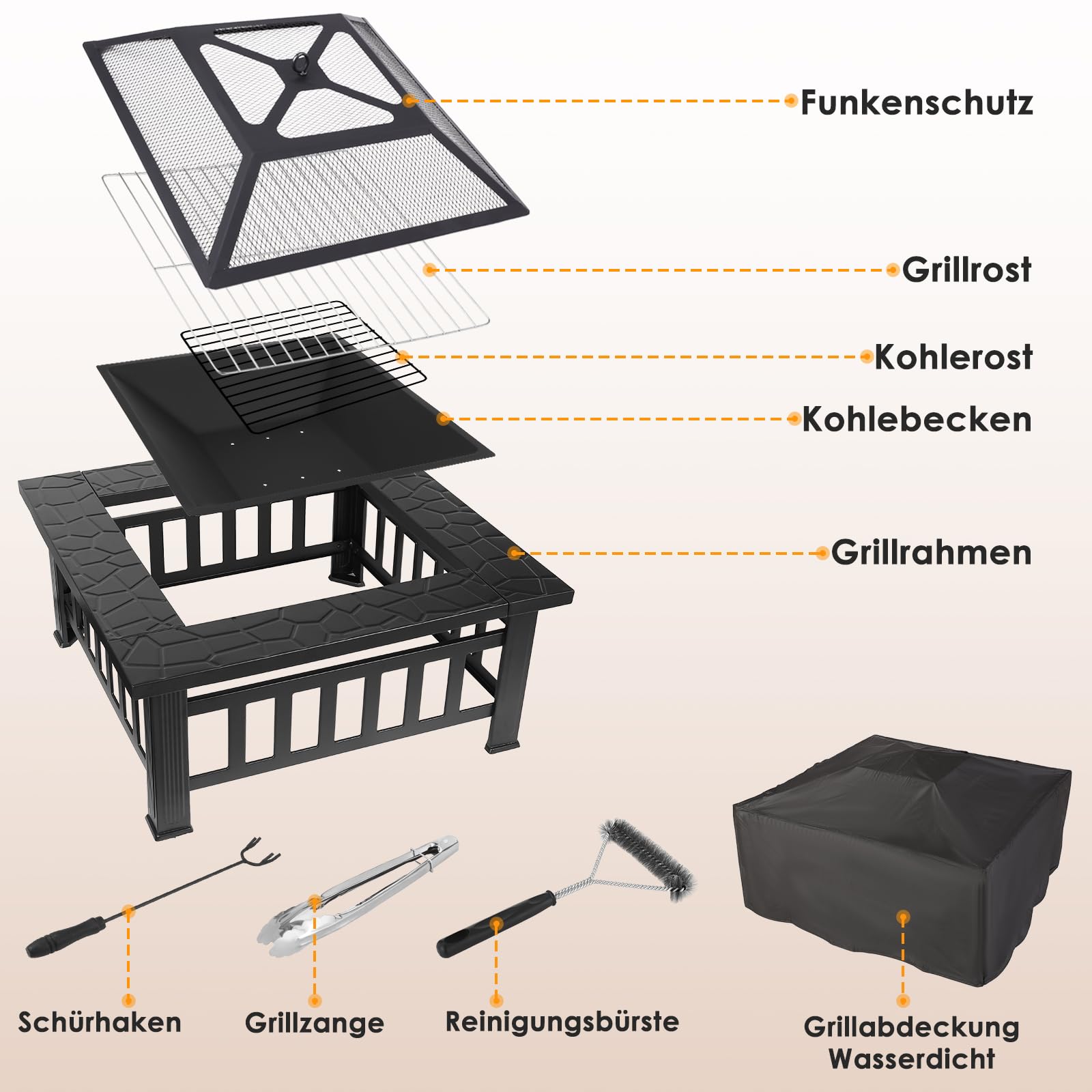 TLSUNNY Feuerschale mit Funkenschutz 81 cm, 3 in 1 Feuerkorb mit Grillrost, Quadratisch für Garten, Feuerstelle mit Grillfunktion