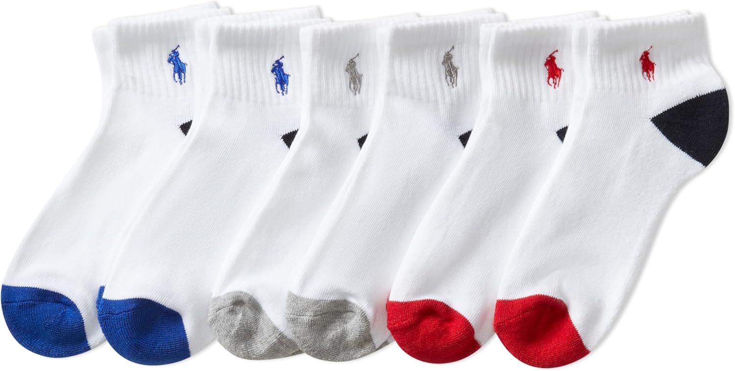 POLO RALPH LAUREN Boys' Athletic Performance Ankle Socks - 6 Pair Pack - Soft Cushioned Comfort