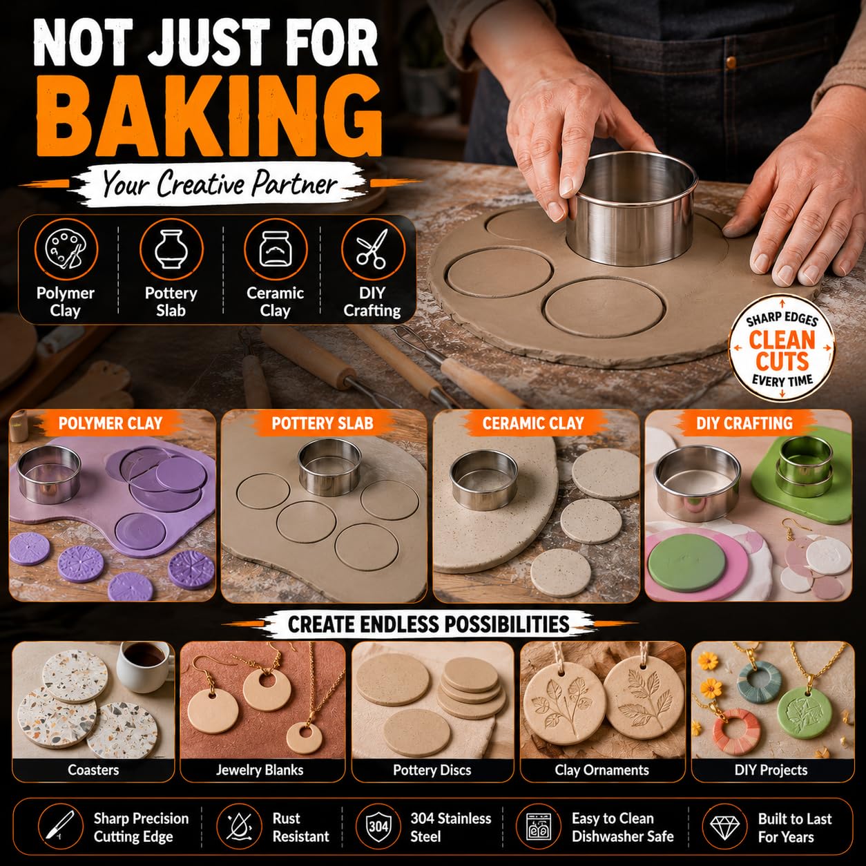 Juego de 6 cortadores redondos de galletas (2, 3, 3.5, 4, 5, 6 pulgadas) DOCZEN grandes cortadores circulares de acero inoxidable para hornear, galletas, pasteles, sándwiches, duraderos y fáciles de