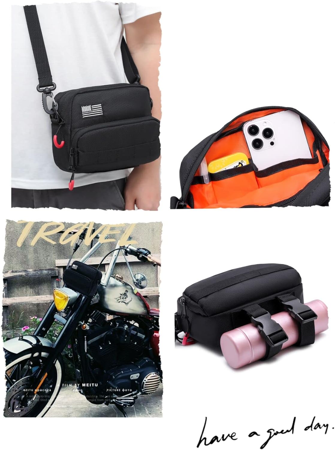 Universal Motorcycle Bag - American Flag Tool Bag, Harley Softail Dyna Sportster Accessory, Black Sissy Bar Front Storage