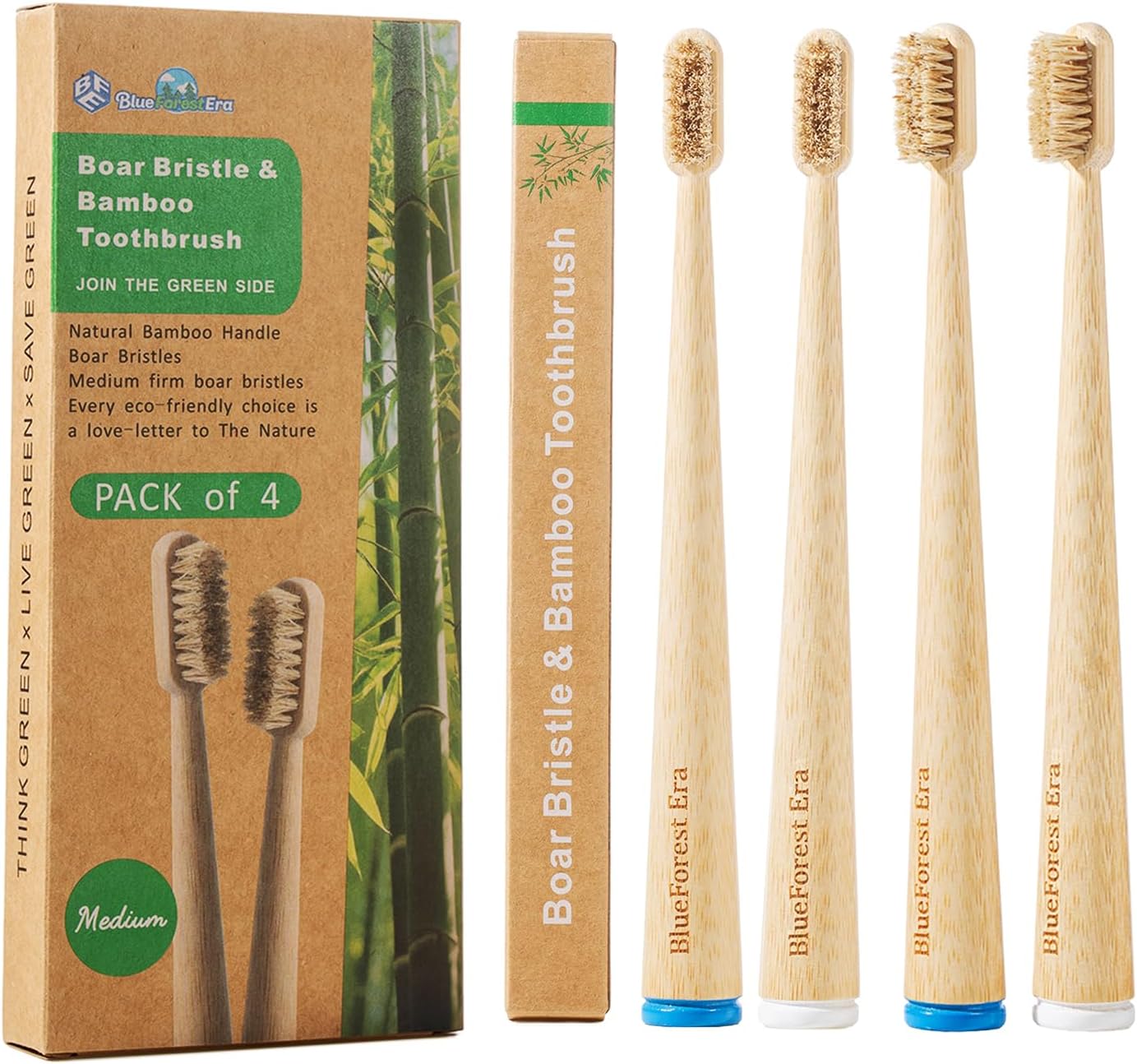 4 Pack Boar Bristle Bamboo Toothbrush, Premium Natural Toothbrushes for Adult, Plastic & Nylon Free, Biodegradable Organic Wooden Tooth Brushes