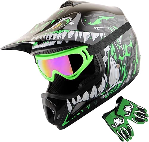 WOW Casco de motocross BMX MX ATV para niños y jóvenes, casco Dianosour Dragon + gafas + guante marciano juvenil paquete HJOY MG