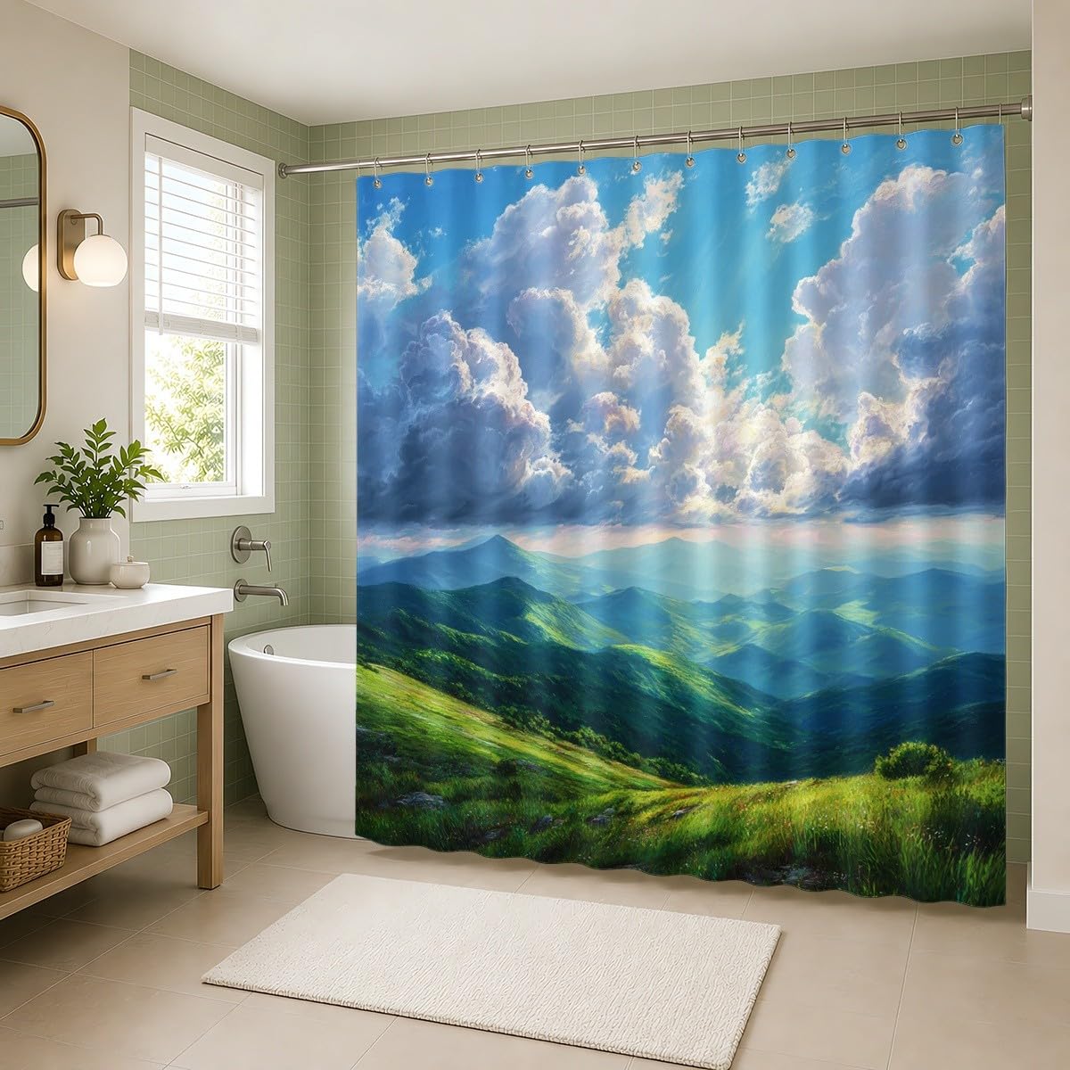 Blu Verde Tenda da Doccia 240x200 cm Poliestere Antimuffa e Lavabile | Cielo Azzurro Montagne Paesaggio Impermeabile Facile da Pulire Asciugatura Rapida per Vasca da Bagno e Box Doccia