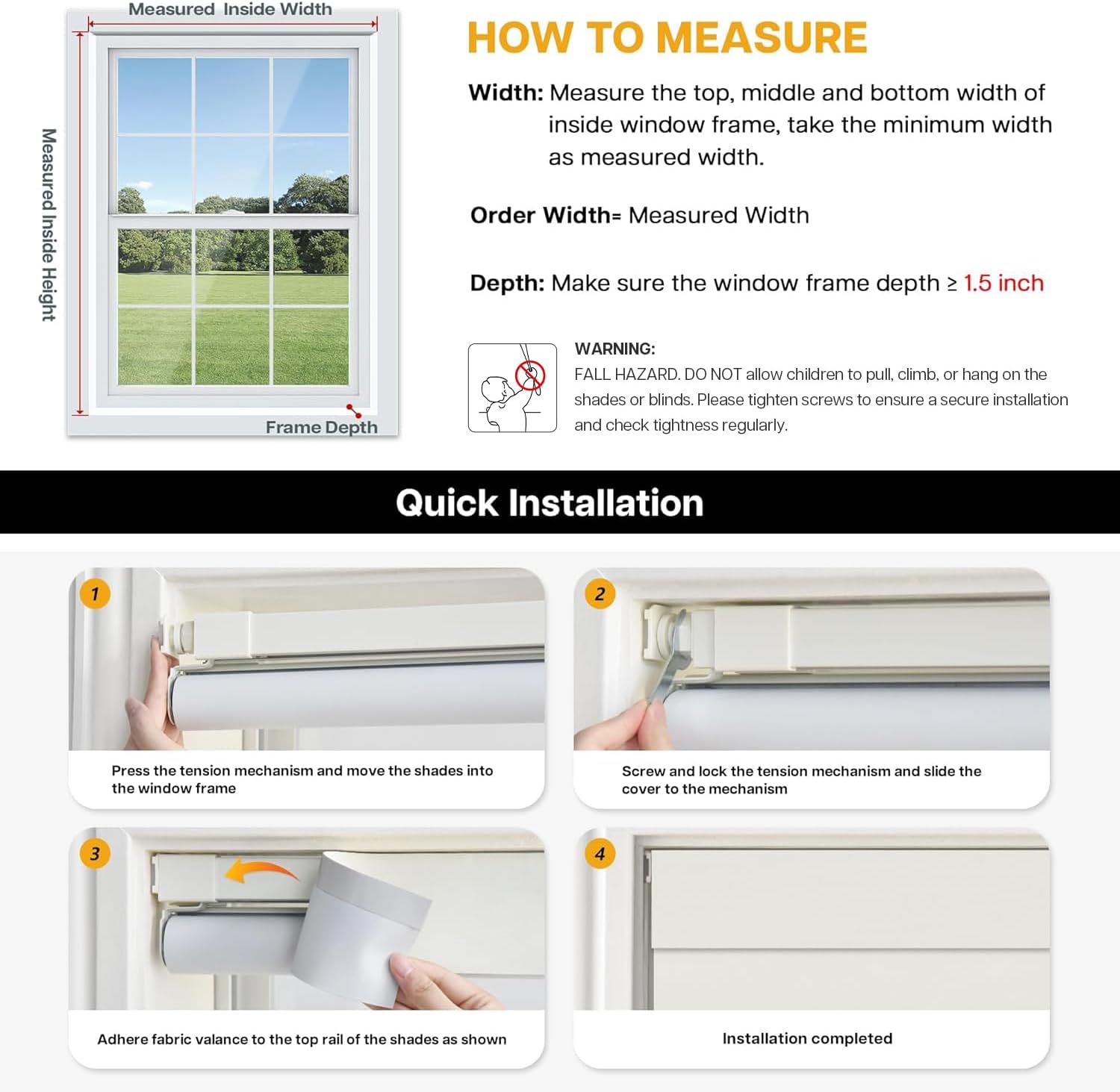 LazBlinds No Drill Blinds for Indoor Windows, Blackout Roller Shades, Cordless Window Blackout Blinds, Thermal Insulated Fabric UV Protection for Home and Office, 34.5 W x 48 H, White