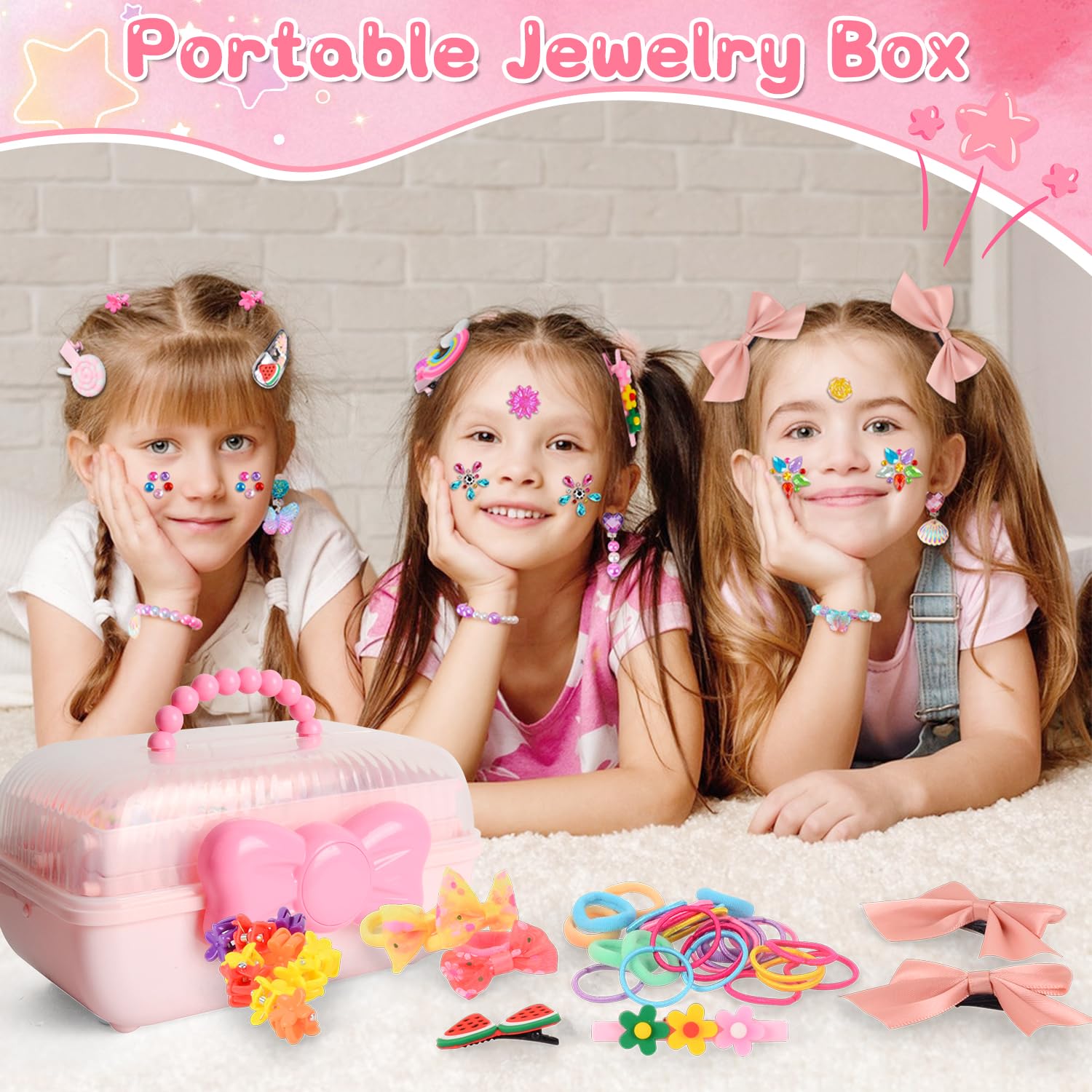 Bijoux Jouets Fille, 218 Pièces Boite a Bijoux Enfant Princesse avec Collier, Bracelet, Bagues, Attaches Cheveux et Pinces à Cheveux, Anniversaire Noël Cadeau Fille pour 3 4 5 6 7 8 9 10 Ans