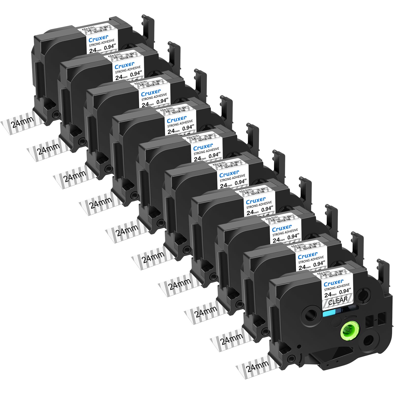 Cruxer 10er-Pack Kompatibel mit Ptouch TZe-S151 24 mm Schwarz auf Klar | TZeS151 Stark klebend Laminiertes Etikettenband Ersatz für Ptouch PT-D600 E500 H500 P710BT 1400 9200DX Etikettendrucker