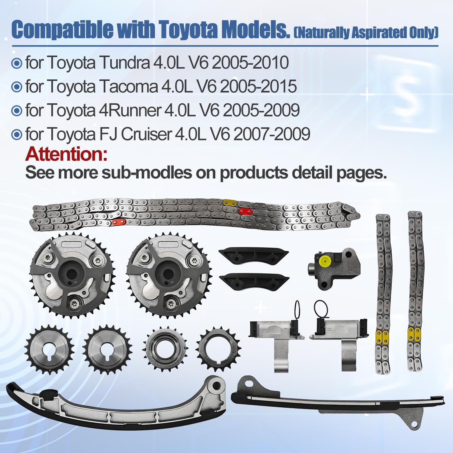 1GR-FE Timing Chain Kit with VVT Sprockets, Tensioner&Guides Compatible with Toyota 4Runner 05-09, Tacoma 05-15, Tundra 05-10, FJ Cruiser 4.0L V6 Only– Replaces 13050-0P010, 13050-31030