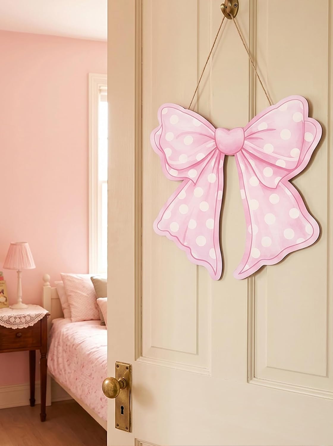 Pink Bow Wooden Hanging Wall Art, 12x12 Inch Coquette Girly Decor for Girls Bedroom College Dorm Nursery, Preppy Bowknot Welcome Door Sign Indoor Outdoor Porch Apartment Decoration image 5