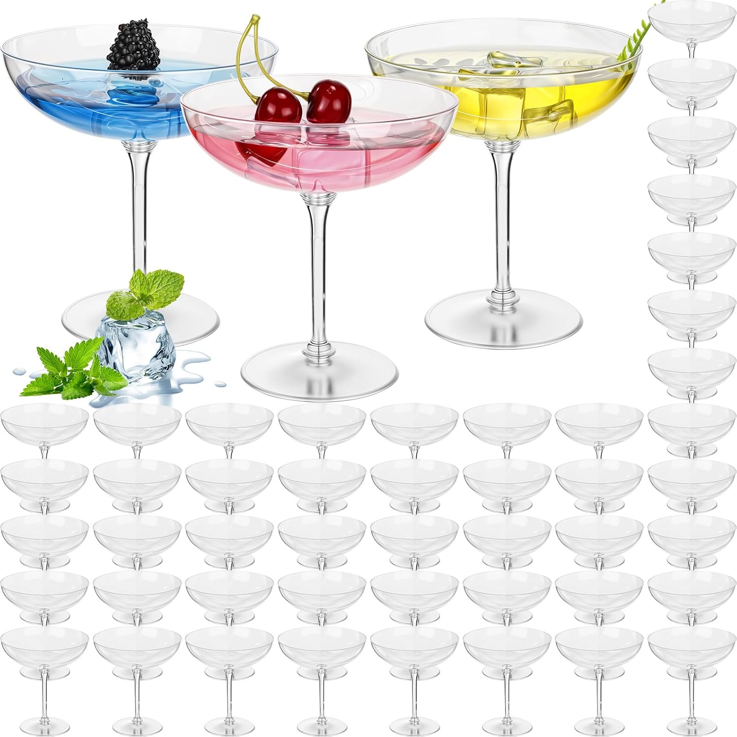 LemonRoad 48 Pcs Detachable Martini Glasses 9oz Plastic Coupe Cocktail Dessert Glassware Set for Champagne Wine Wedding Holiday Party Supplies (Clear)