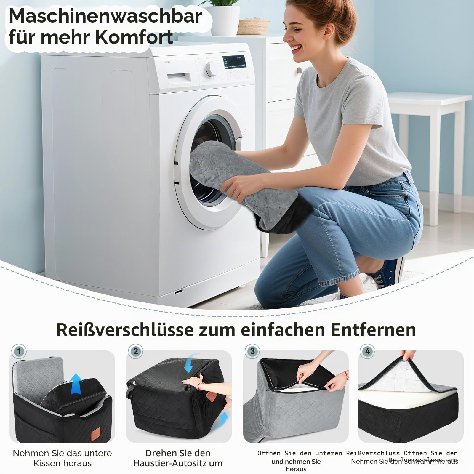GL GLENSLAVE Autositz Hunde für kleine/mittlere Hunde unter 15 Kgs,Hunde Autositz,Abnehmbarer und waschbarer Haustier Autositz,Hundebett mit 2 Sicherheitsgurten(Schwarz/Grau)