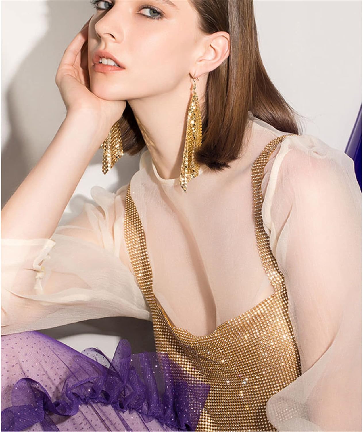 coadipress Metal Mesh Grid Sequins Tassel Long Drop Dangle Earrings for Women Trendy Lightweight Charms Disco Vintage Colorful Long Hook Earrings Bridal Wedding Jewelry - Image 3