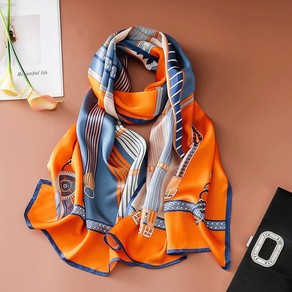 Sciarpa di seta stampata da donna Primavera ed estate Sciarpa lunga per tutti i fiammiferi Scialle Regalo a doppio scopo Madre (Colore: Blu+Arancio, Dimensioni: 182 * 56 cm) (Blu+arancione 182*56 cm)