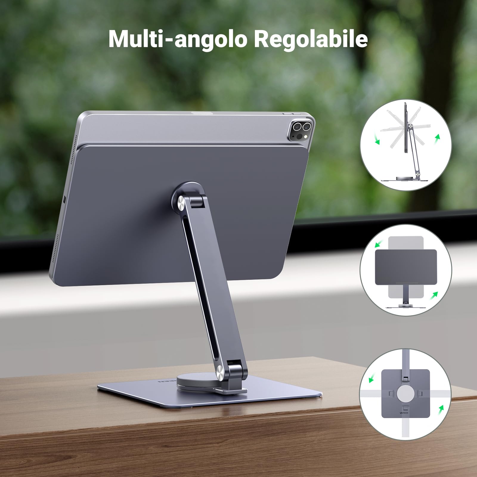 UGREEN Supporto magnetico da scrivania per iPad Pro 12.9 girevole a 360 ° pieghevole regolabile in altezza Supporto da viaggio portatile in alluminio compatibile con iPad Pro 12,9 pollici