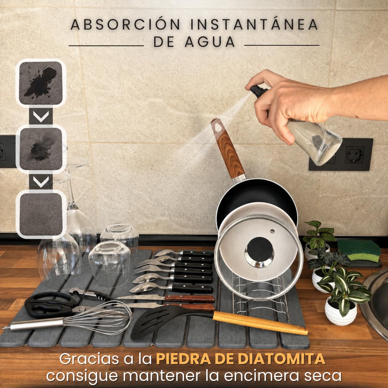 Escurridor Diatomita Cocina con Rejilla de Acero Inoxidable, Secado Rápido y Organización de Vajilla, para Platos, Vasos y Utensilios, Ideal para Cocinas Pequeñas, Encimera Seca y Sin Humedad