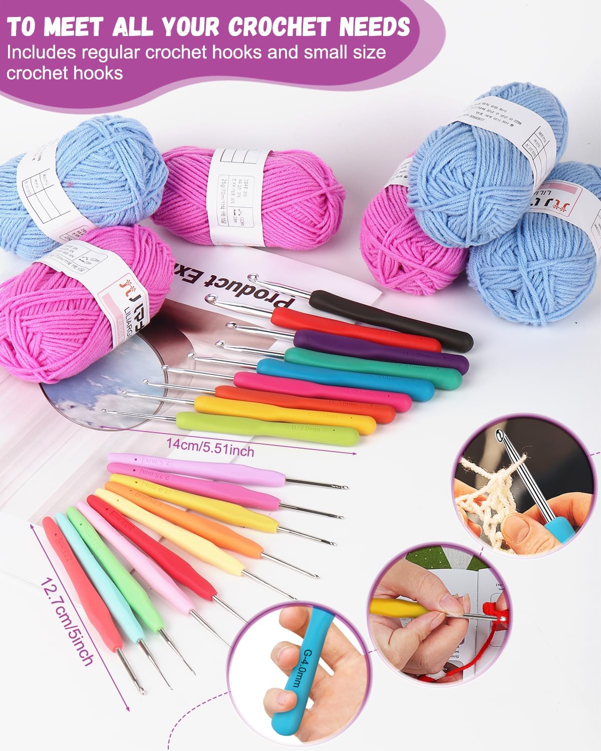 Coopay Crochet Kit for Beginners, 50PCS Crochet Starter Kit w Small Ergonomic Crocheting Hooks, Protable Bag, Acrylic Yarn for Crocheting, Knitting Supplies -Learn to Crocheting Complete Crochet Kit