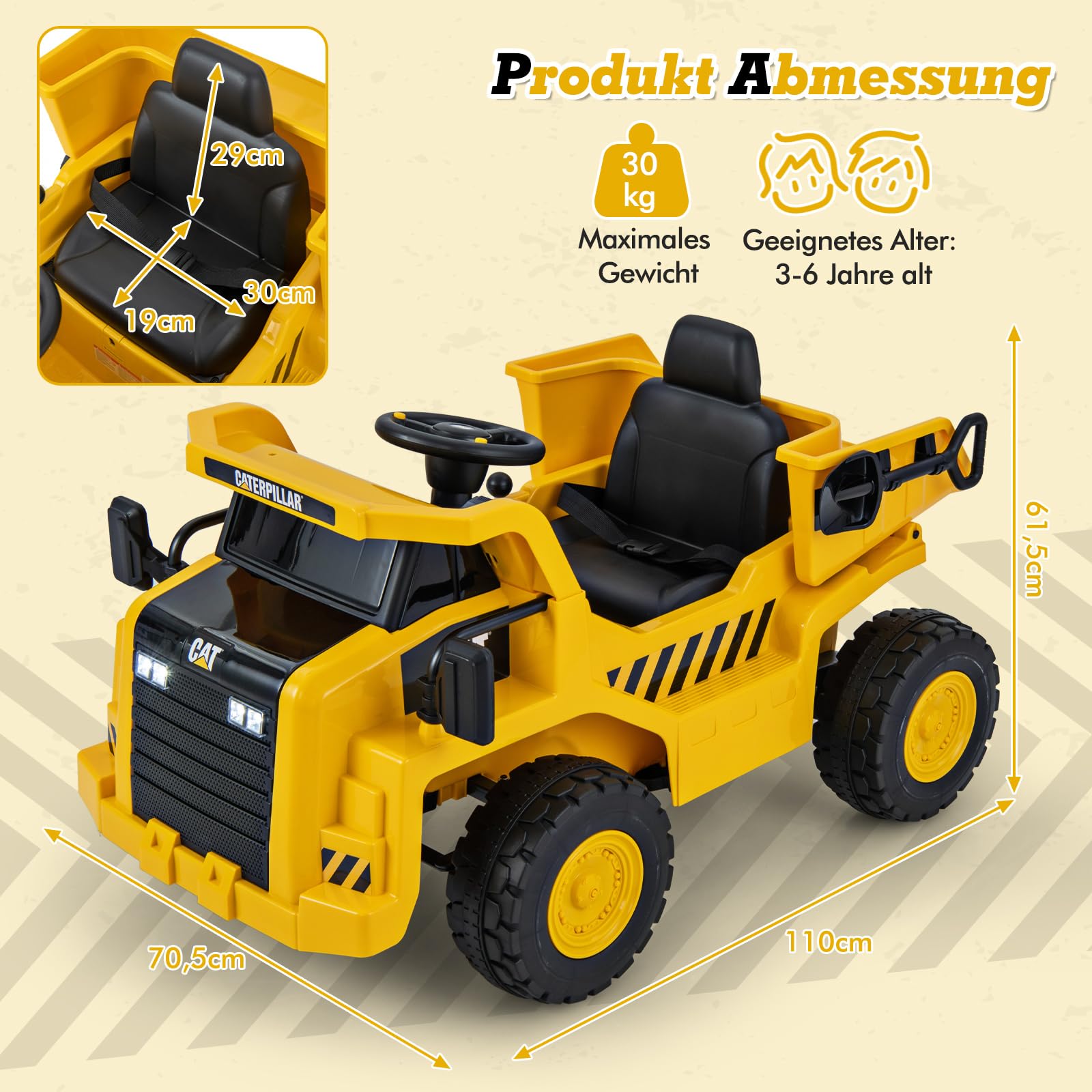 COSTWAY Caterpillar Elektroauto für Kinder, 12V Muldenkipper zum Draufsitzen mit Sandschaufel & Kippbett & Megafon, Elektro Kinderauto mit Fernbedienung, Aufsitz Kipper für Kinder ab 3 Jahren