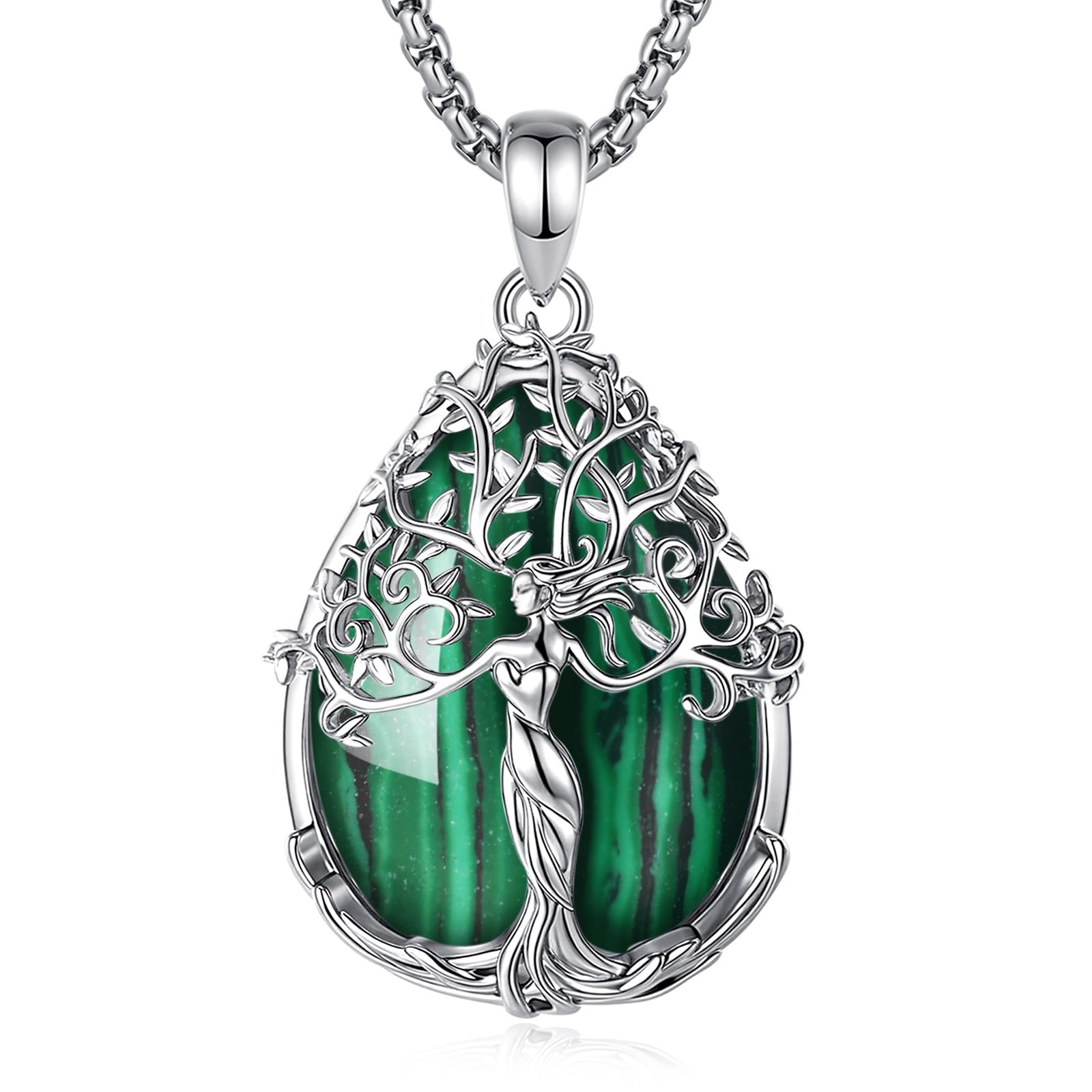 CELESTIA Lebensbaum Kette mit Mondstein Obsidian Amethyst Anhänger Versilbert, Geschenke für Frauen Geburtstag, Weihnachten, Muttertag Schmuck für Mama, Schwester, Oma