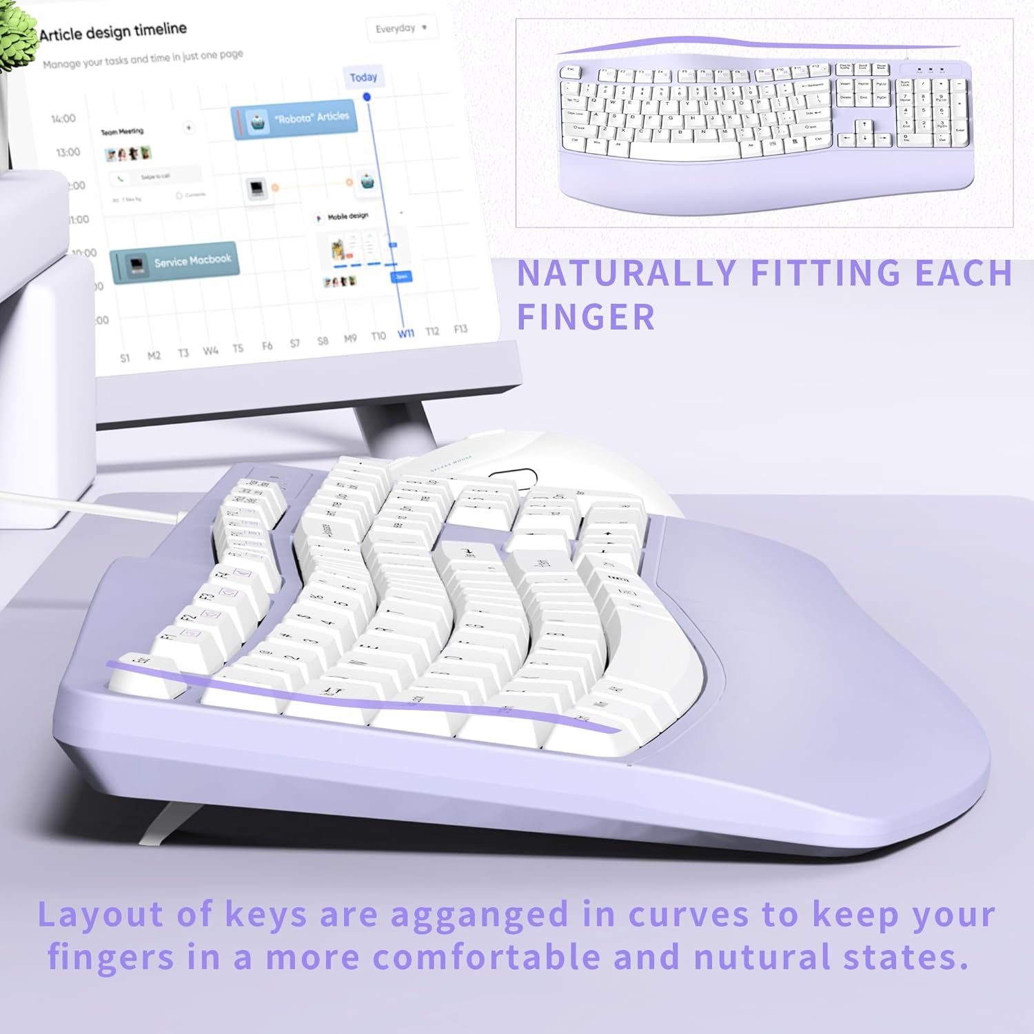 RECCAZR Ergonomic Keyboard Wired with Wrist Rest, Wave Keyboard for Natural Typing,Spill-Resistant Compatible with Windows/PC/Laptop (Purple)