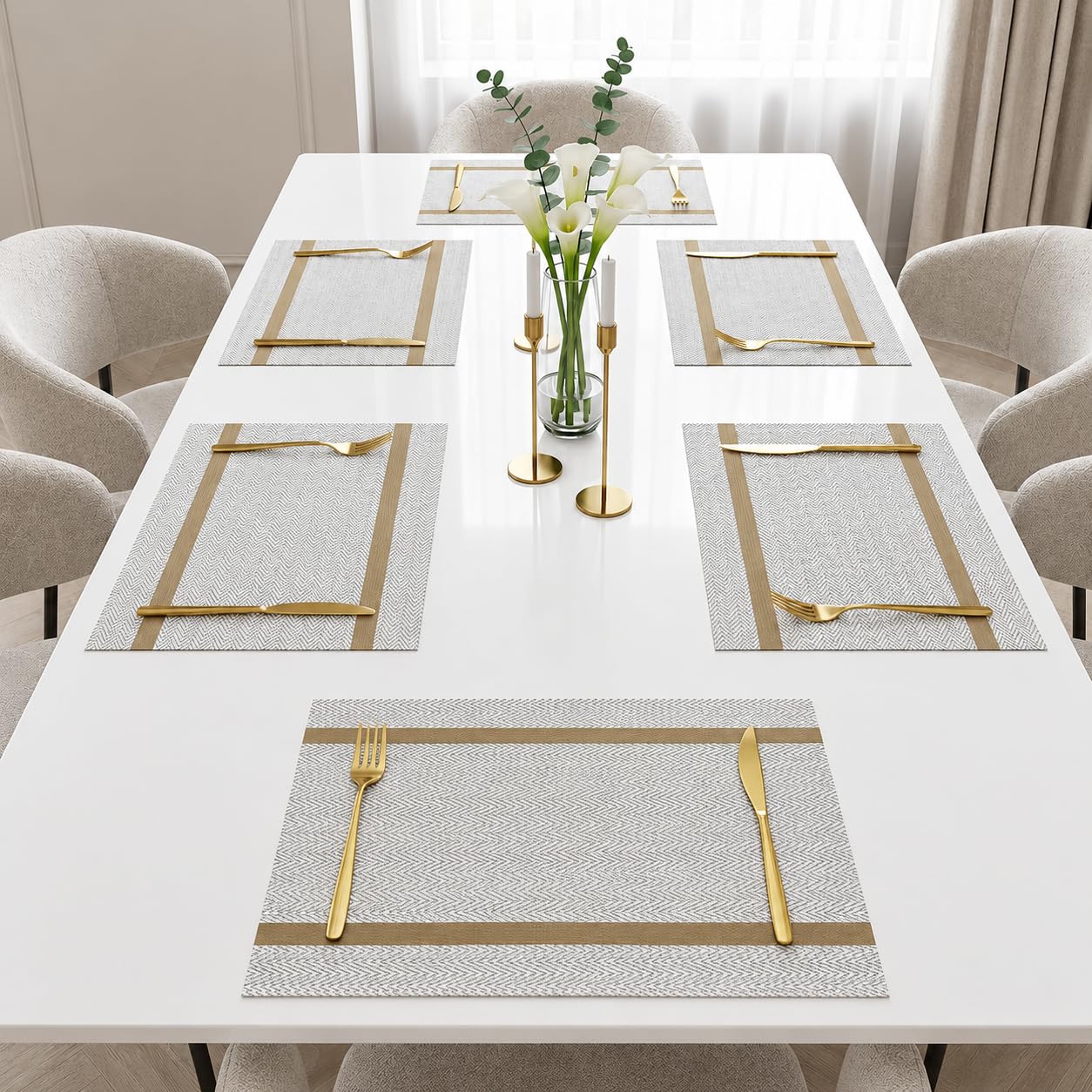 daiDokoro Rectangular Crossweave Woven PVC Vinyl Non-Slip Insulation Heat-Resistant & Waterproof Stain Resistant Washable Placemat for Dining & Kitchen Table-(Beige & Gold,Set of 6)