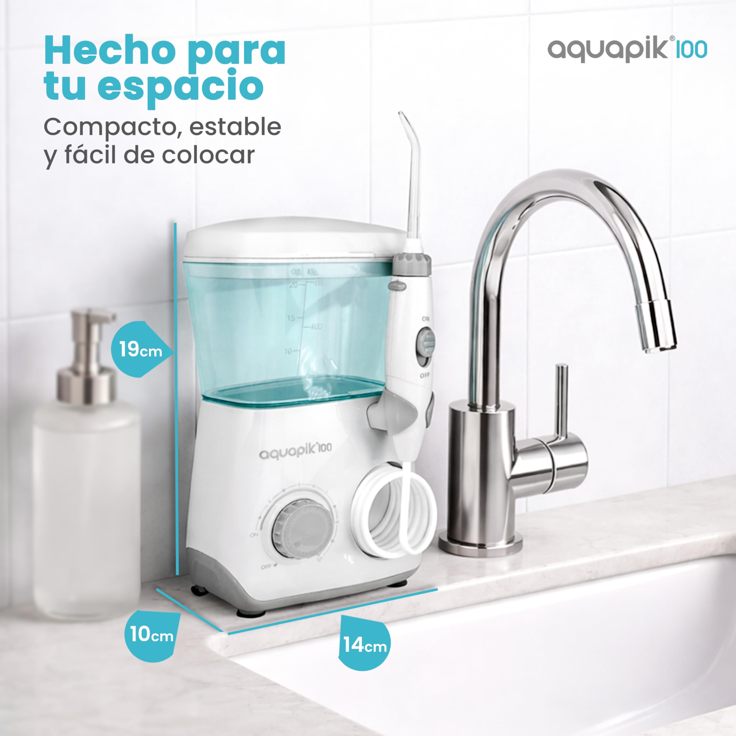 Irrigador dental Aquapik100® profesional waterflosser limpieza profunda 10 niveles de presión 8 boquillas depósito 600ml para encías sensibles ortodoncia puentes implantes elimina placa dental Blanco
