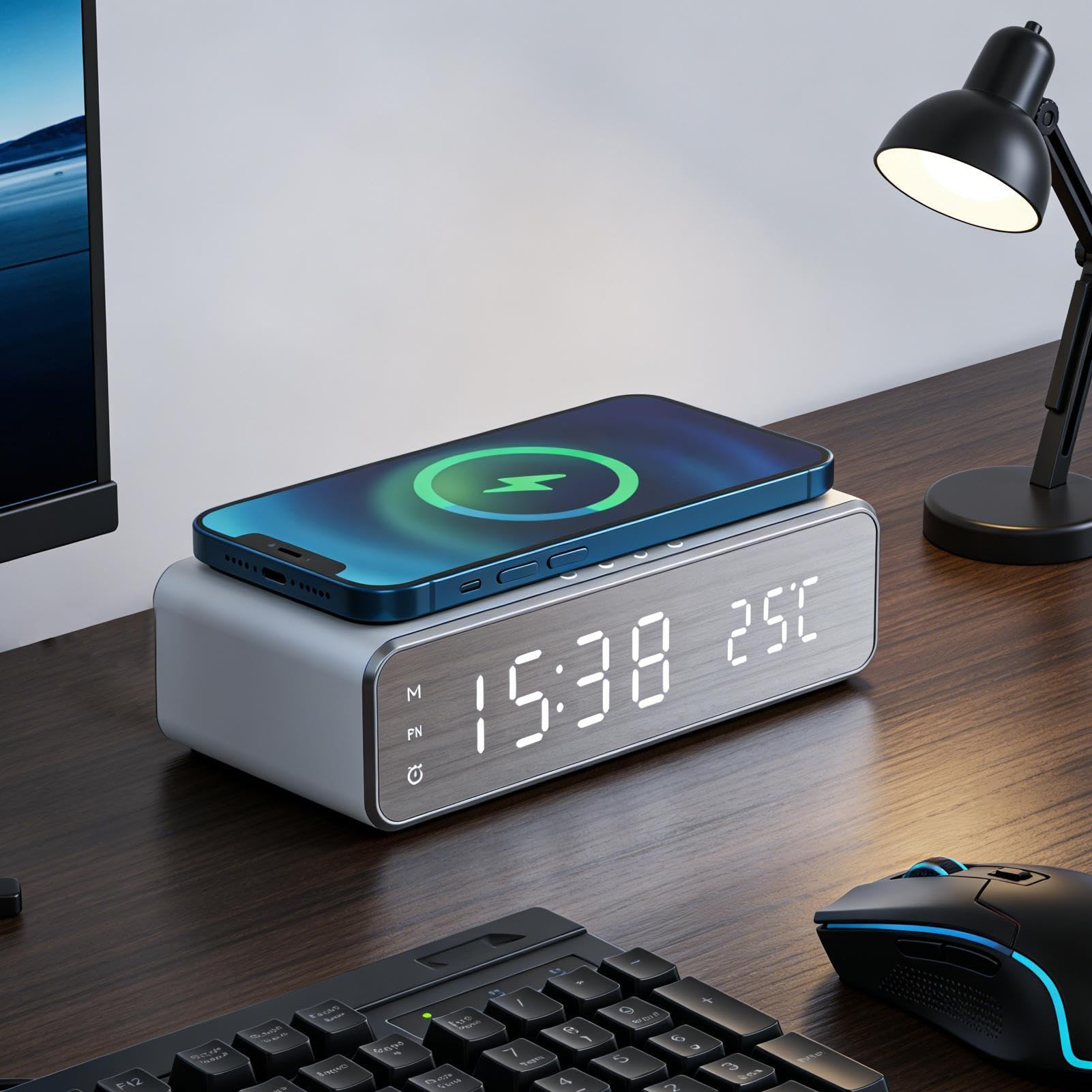 Station de Réveil avec Chargeur sans Fil - Support de Téléphone avec Affichage de la Température,Réveil numérique avec Charge sans Fil,pour Table de Chevet et Bureau à Domicile