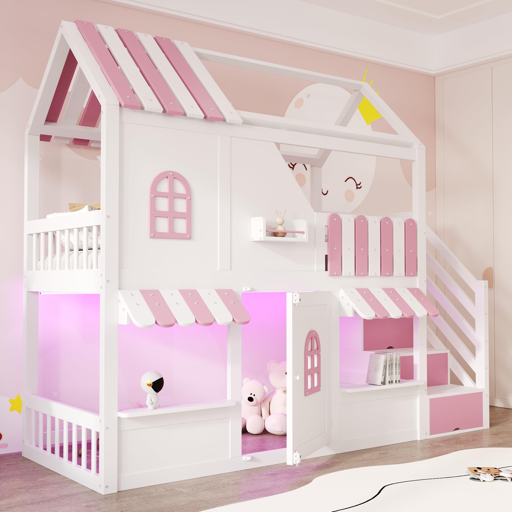 Kinder Etagenbett 90x200 cm, Hausförmiges Design mit Dach, Fenstern und Tür, Stauraumtreppe, LE/D Rendering und Regalen, Sichere Geländer und Holzgestell, ohne Matratze (Weiß + Rosa)