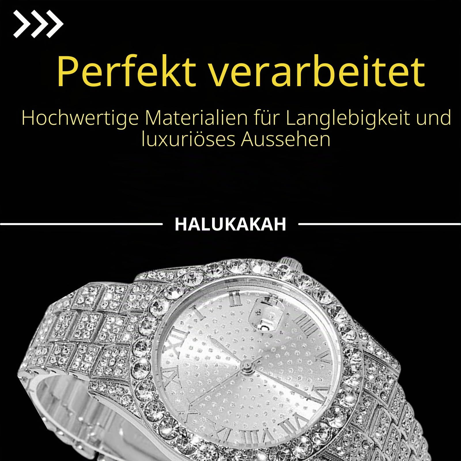 Halukakah Diamanten Gold Uhr Iced Out für Jungen - 18K Echtgold/Platin Platiniert,42mm Rundes Zifferblatt,Japanisches Quarzwerk - 20cm - Optional mit Cuban Gliederkette,mit Anpassungswerkzeug