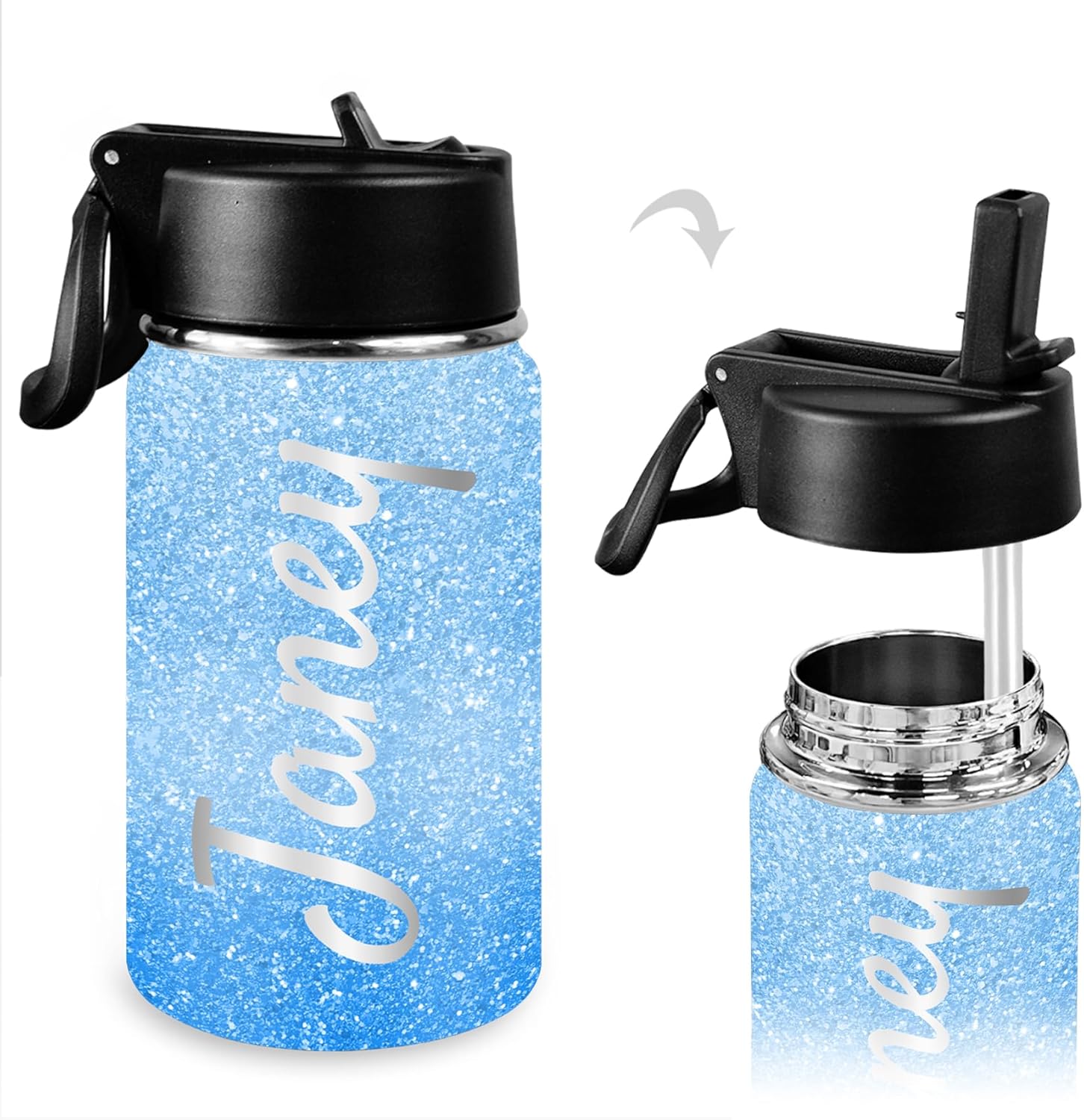 Personalized Kids Water Bottle with Names Glitter Bling Printed Custom Insulated Stainless Steel 12 Oz Water Bottles with Straw Gradient Color Sparkle Gifts for School Sports Travel