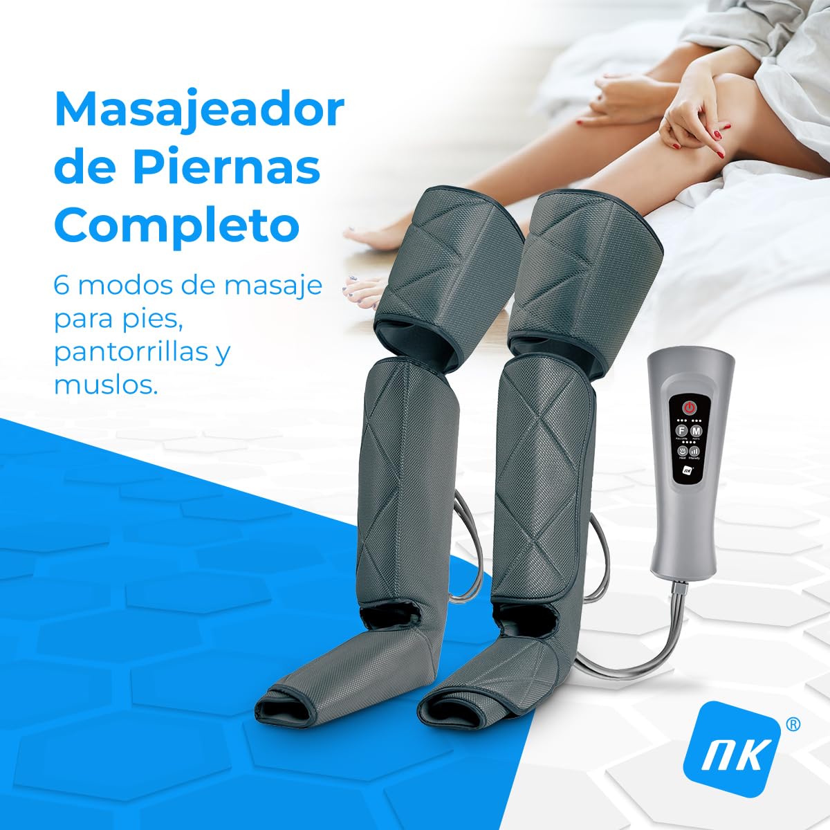 NK Masajeador de Piernas con 6 Modos de Masajes, Mando con 4 Niveles, Temporizador, Función Calor, Compresión de Aire para Relajación Muscular, Mejora la Circulación