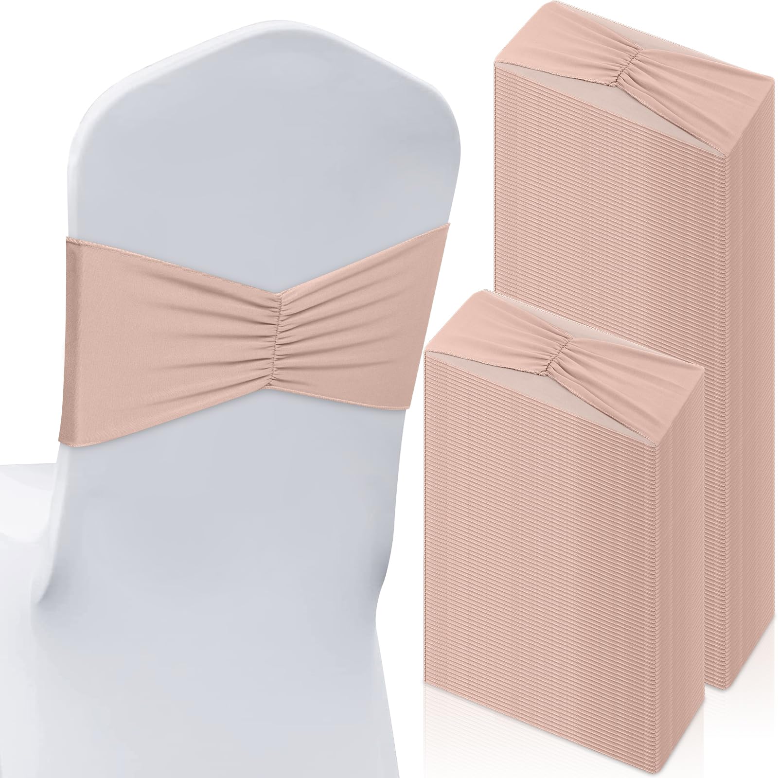 Photo 1 of Moukeren 50 Pcs Spandex Chair Sashes Bows Stretch Chair Bands Slider Sashes Elastic Ties Ribbon Covers for Wedding Party Events Ceremony Birthday Banquet Decorations (Nude)