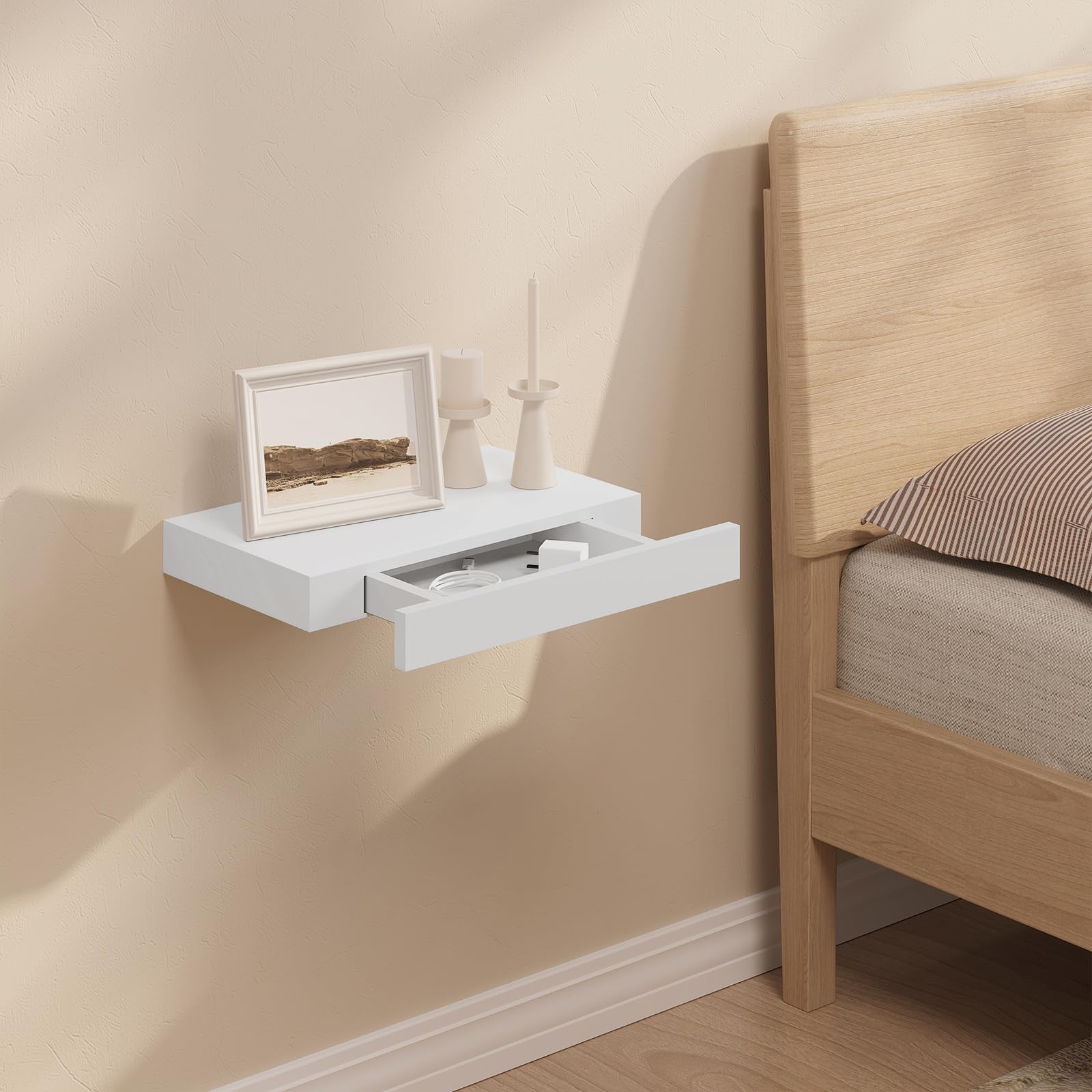 WOLTU Mensola da Muro, Scaffale Parete Moderno, Mensola con Cassetto in MDF per Soggiorno, Camera da Letto, Cucina, 40x25x5cm Bianco, RG9344ws