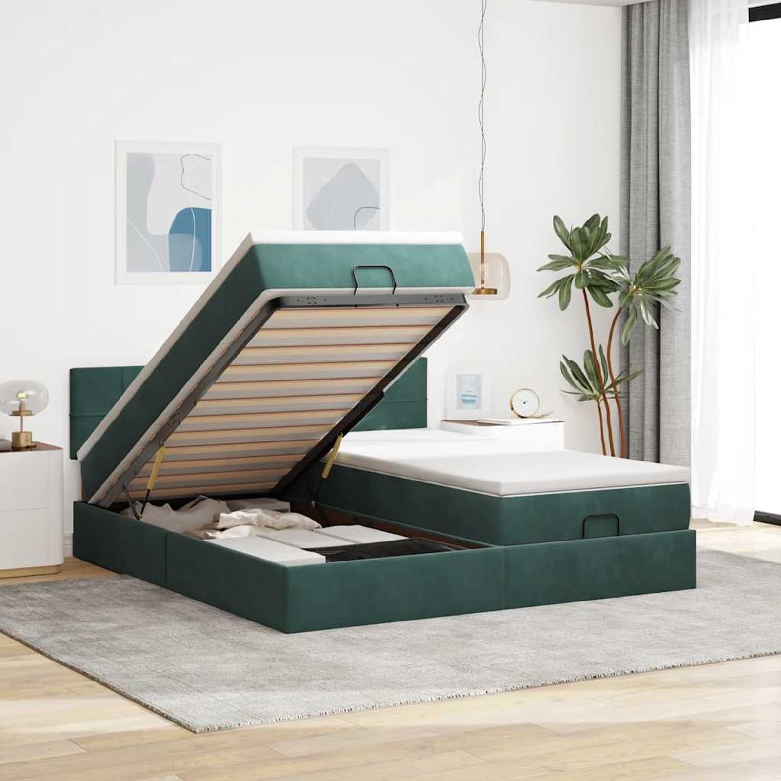 Gecheer Cama Otomana con Almacenamiento y Colchón de Resortes Individuales, Tela de Terciopelo, Luces LED, para Dormitorio y Descanso