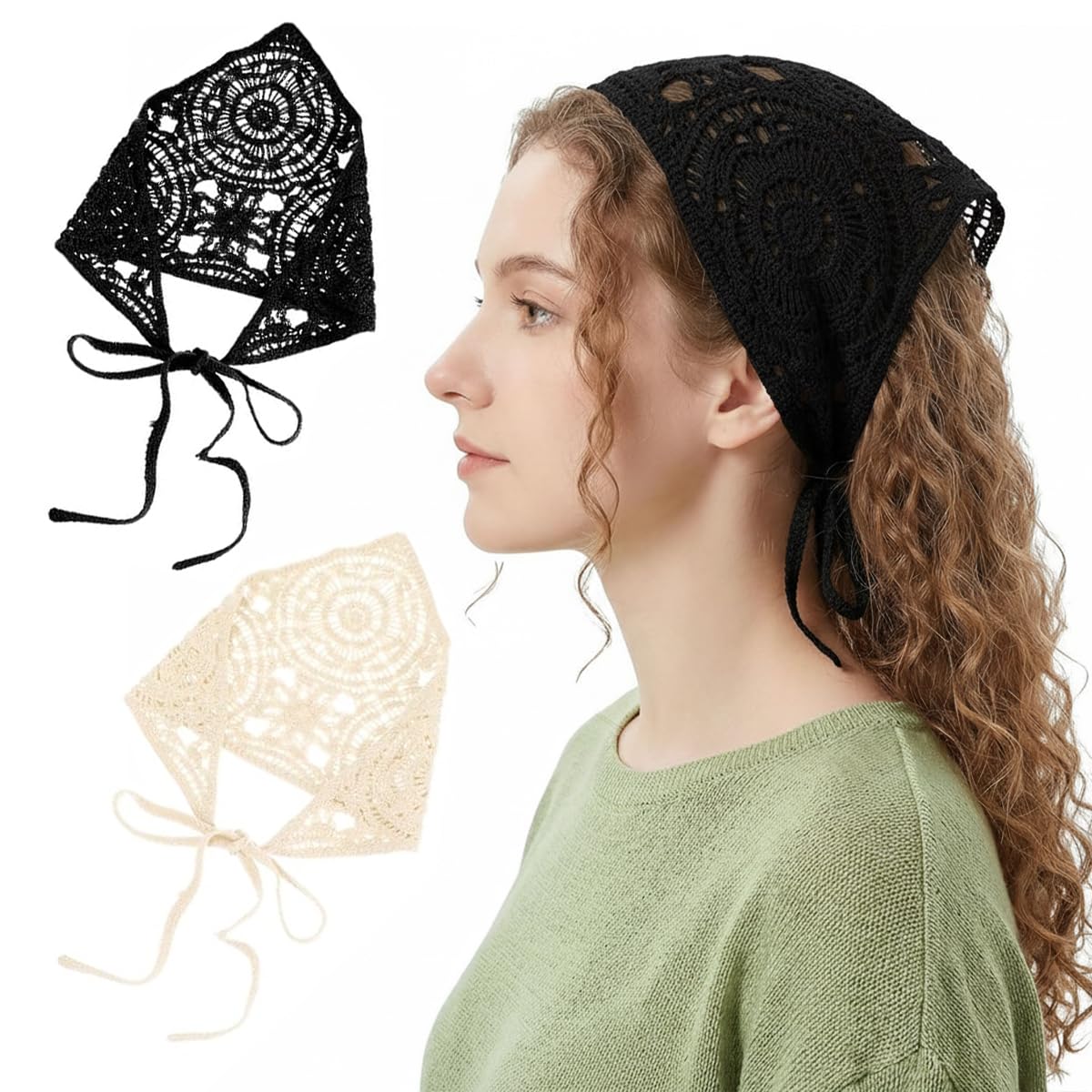 3Pcs Boho Head Scarf for Women Girls, Countryside Crochet Floral Hollow Out Hair Wraps for Women Hair Accessories Summer Beach Hair Accessories