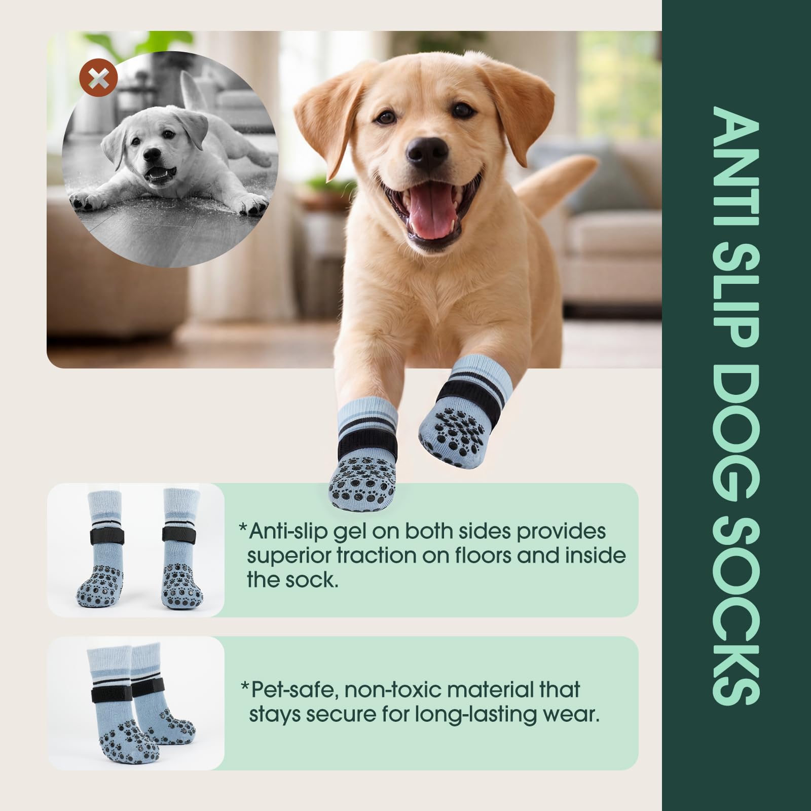 Kuoser Dog Socks, Non-Slip Dog Grip Sock for Hardwood Floors, No Twist Dog Boots & Paw Protectors 4 Pcs Anti-Scratch Hot Pavement Winter Snow Socks for Small Medium Large Senior Dogs, Grey M — view 3