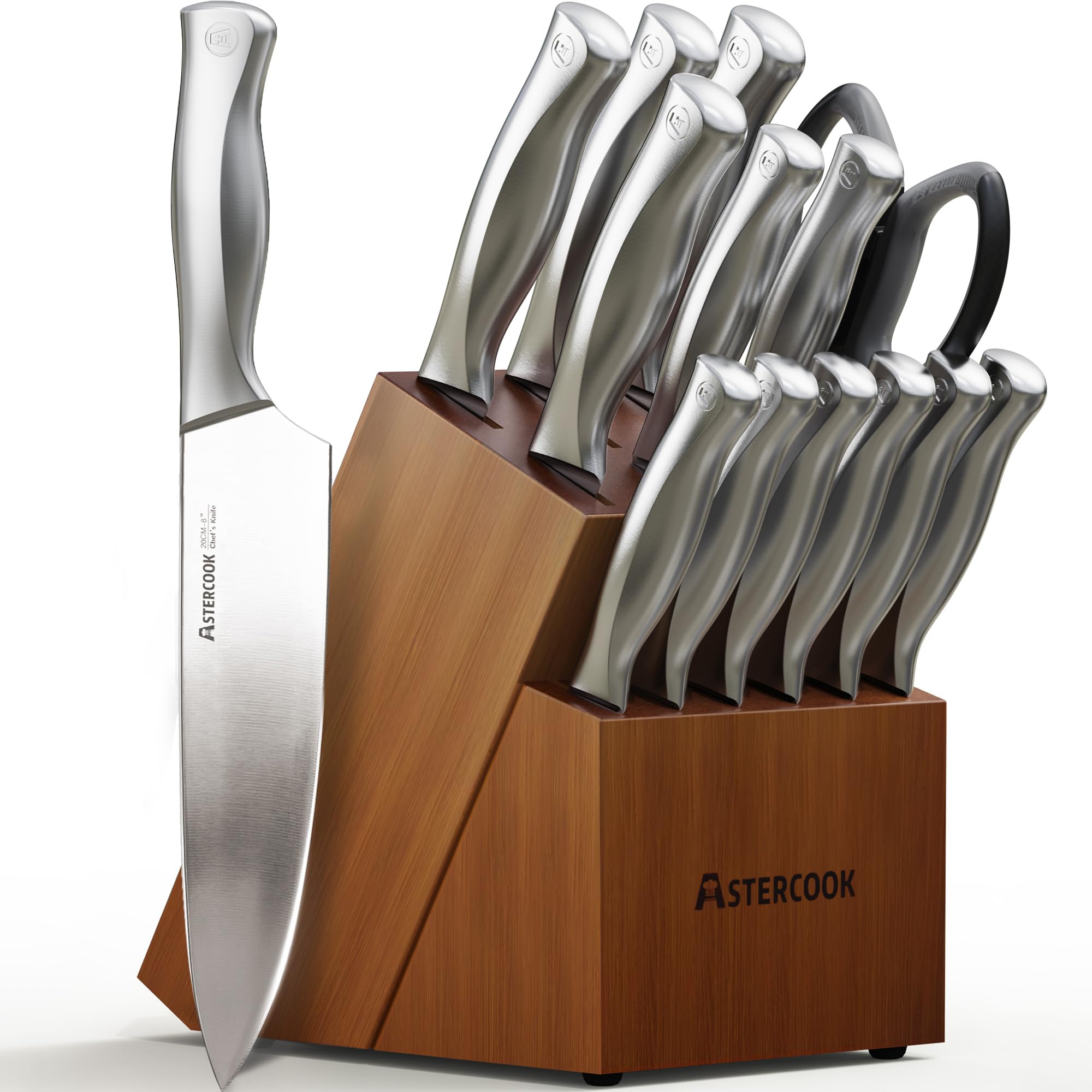 Astercook Knife Set for Kitchen with Block and Sharpener 15pcs Full Tang