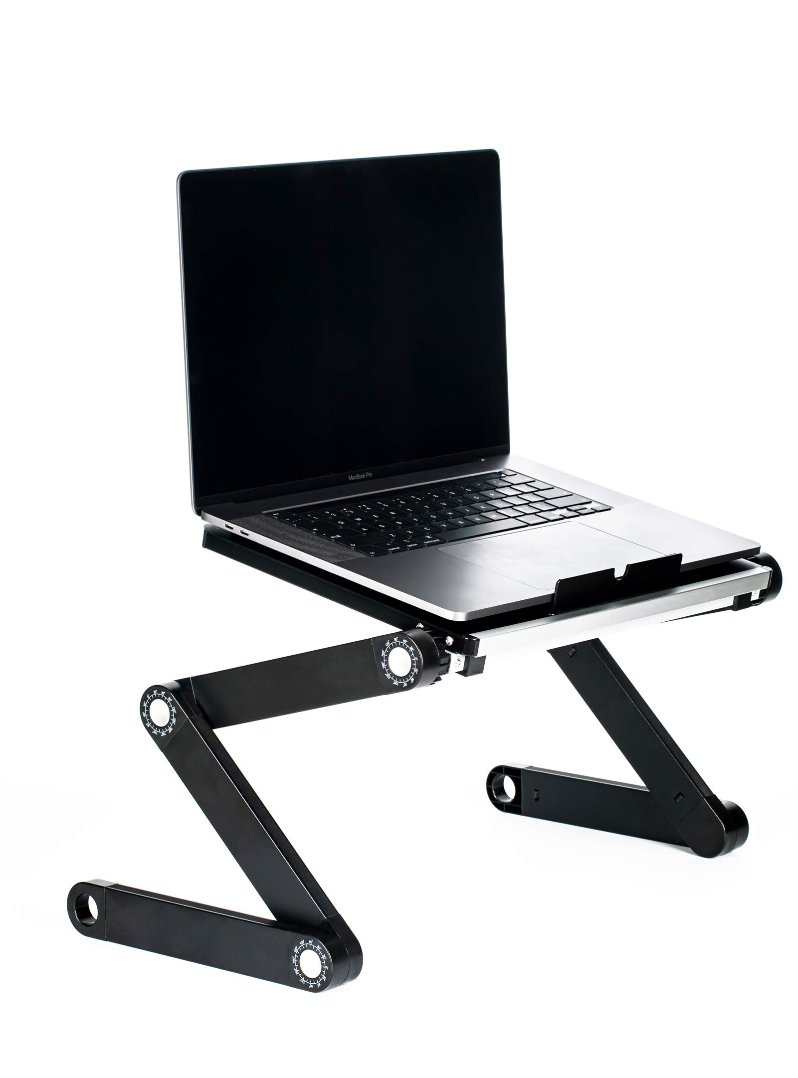 Support pour ordinateur portable pliable pour lits et canapés entièrement réglables en hauteur et en angle, bureau debout en aluminium avec ventilateurs USB pour le travail à la maison ou en voyage