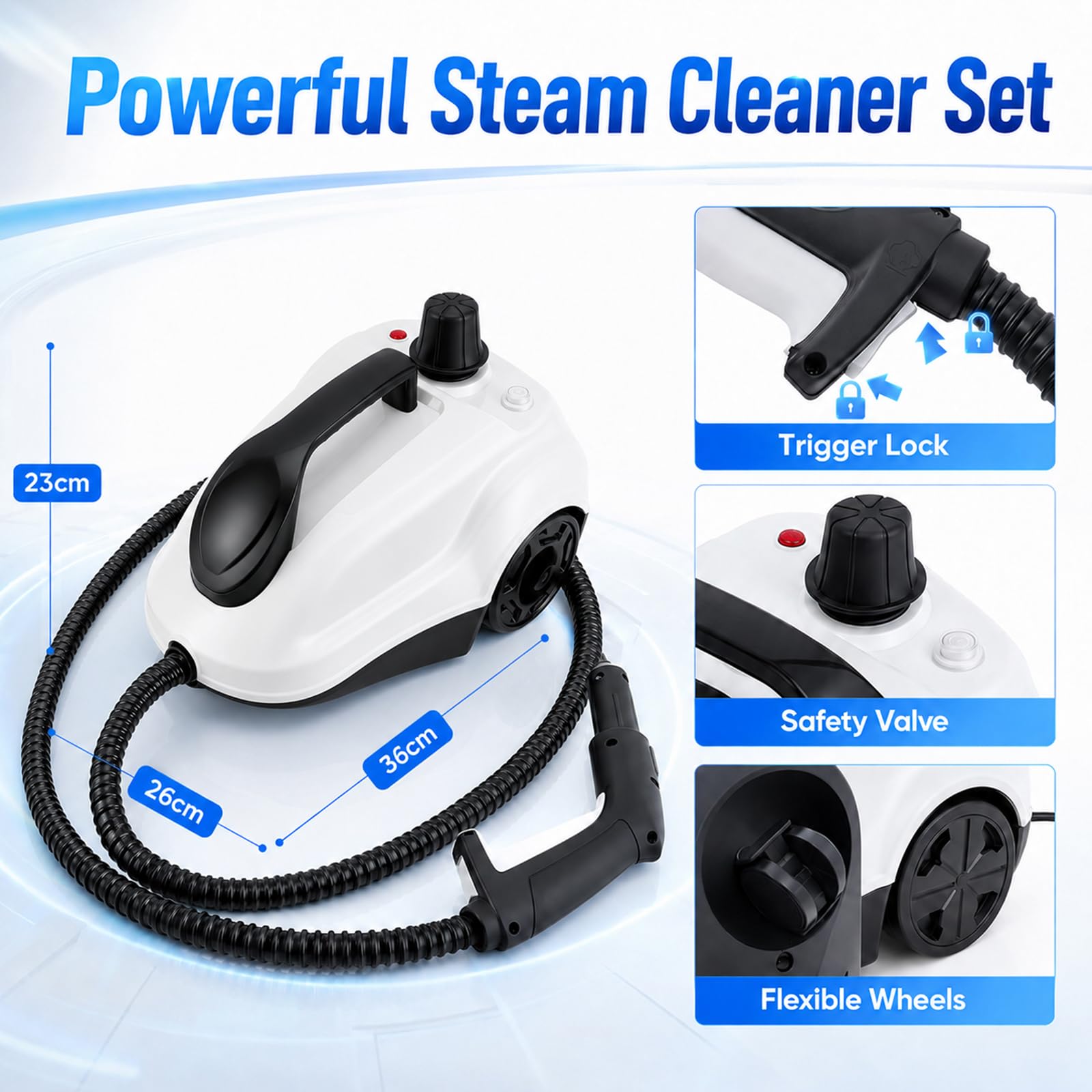 Pulitore a vapore da 2000 W, detergente per mobili imbottiti, serbatoio da 1600 ml e display LED, set di accessori da 21 pezzi, ruote universali e tubo resistente al calore per pavimenti, tappeti