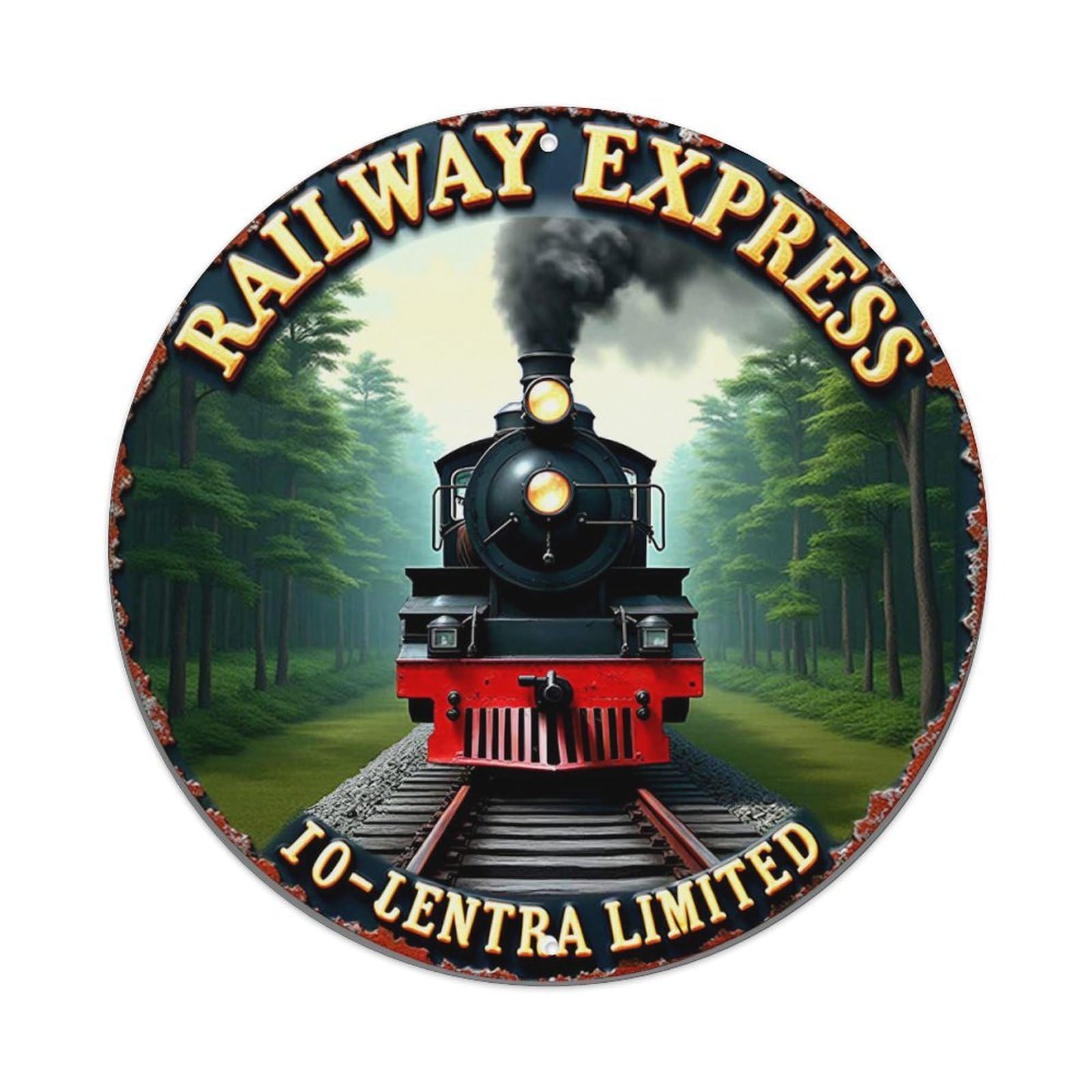 Steam Train Forest Scene Logo Round Tin Sign Vintage Metal Sign Home Bar Garden Indoor & Outdoor Wall Decor Retro Metal Poster 8x8 Inch
