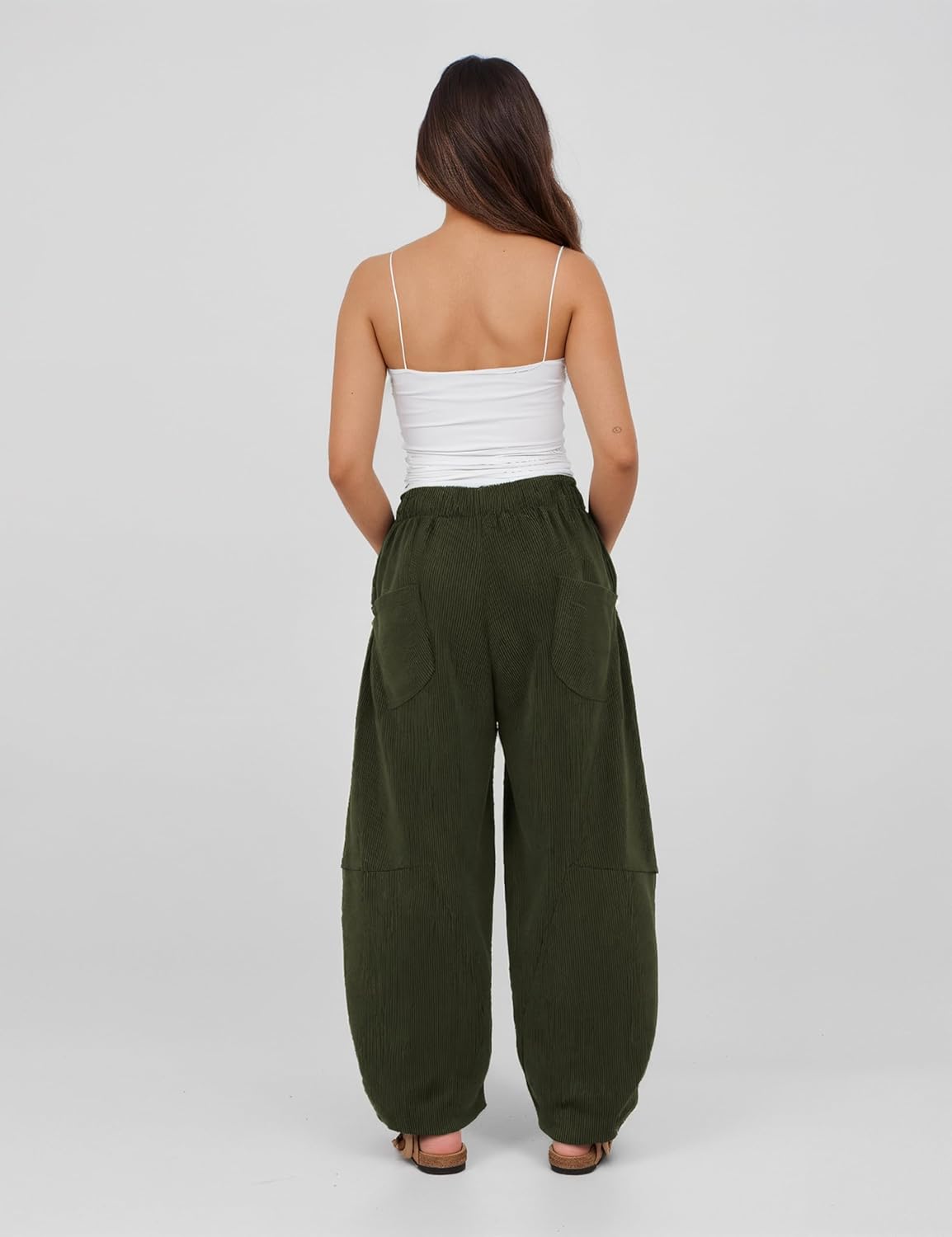 Athlisan Womens Corduroy Pants Wide Leg Cropped Barrel Baggy Elastic Waist Trousers with Pockets - Image 3
