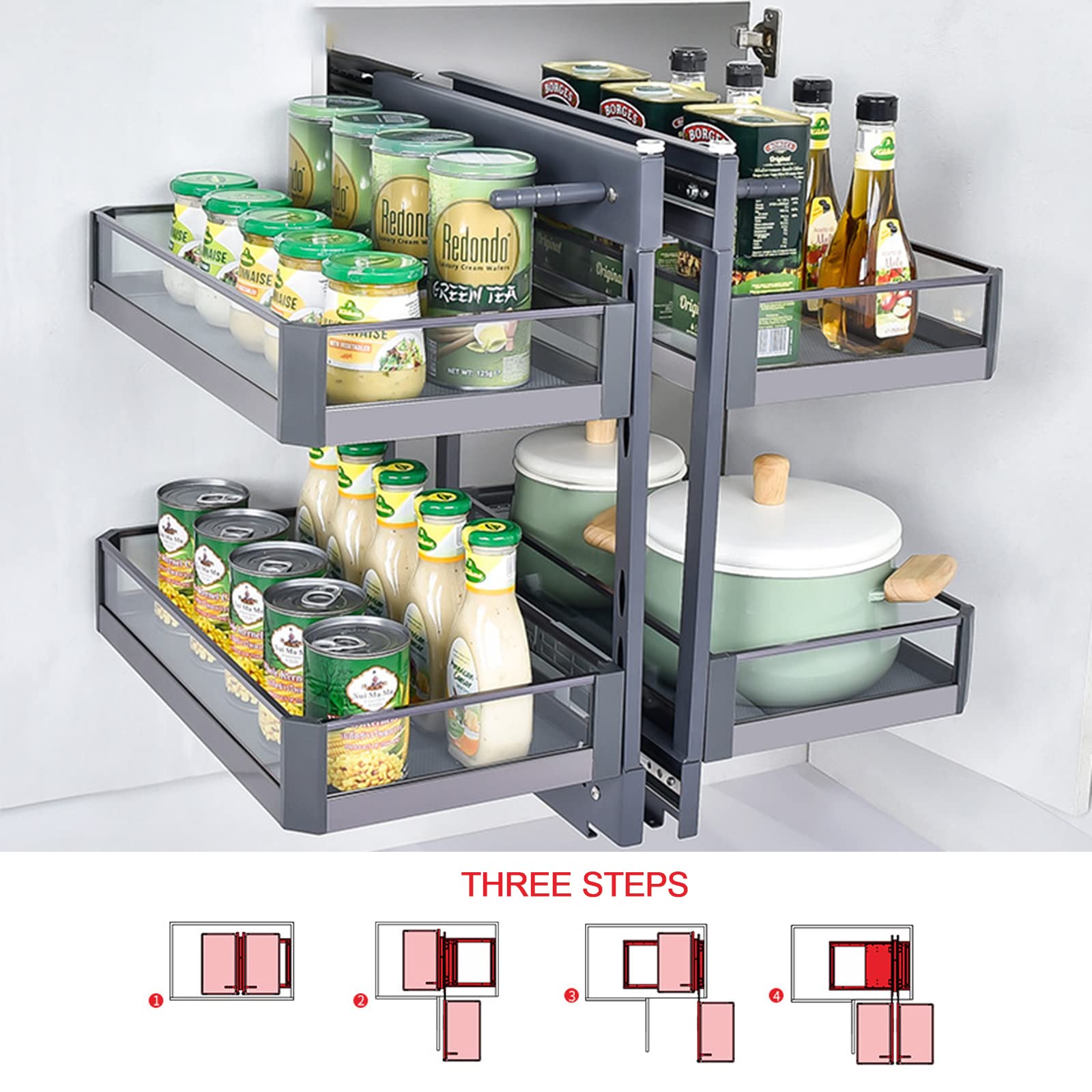 Organizer per Armadio da Cucina ad Angolo cieco, cestello Estraibile a 2 Livelli con Guida smorzante per cestello sotto Il lavello della Cucina