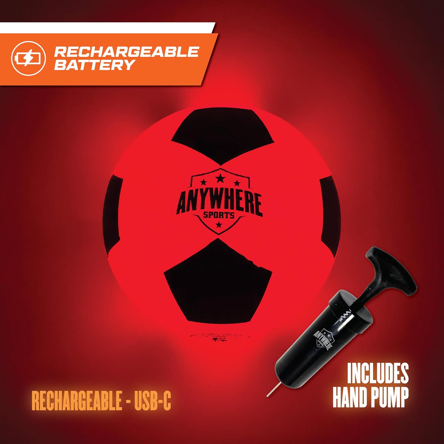 Anywhere Sports Pro Glow Light-Up Soccer Ball with Pump & USB Rechargeable LED Lights, Size 5 Regulation 8.7 Inch, Impact Activated Glow, Indoor Outdoor Waterproof Rubber Ball for Kids & Teens