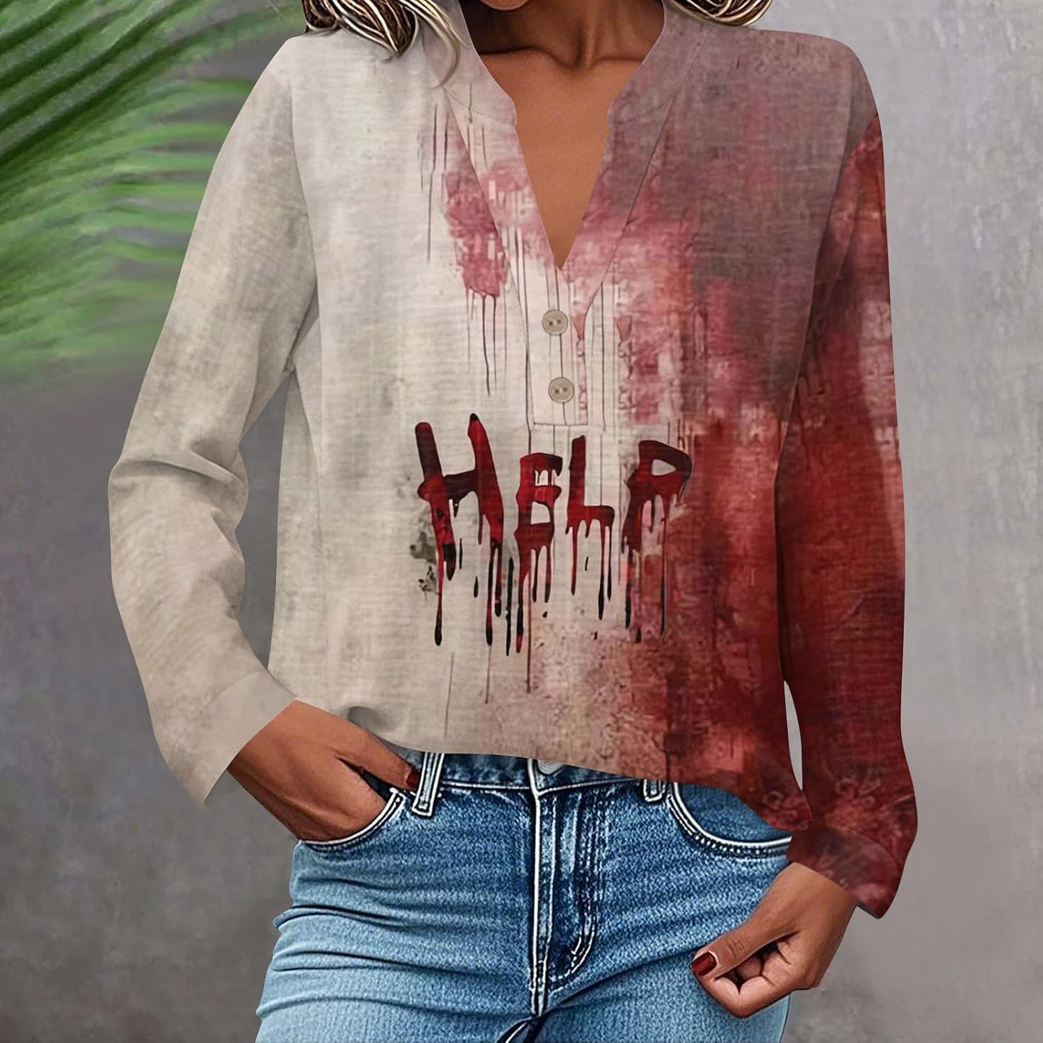 Women Halloween Fall Long Sleeve Button V Neck Graphic Shirts | Spring Top for Women, Summer Cotton T Shirts for Women, Plus Size Cotton Blouse, Plus Size Fall Outfits For